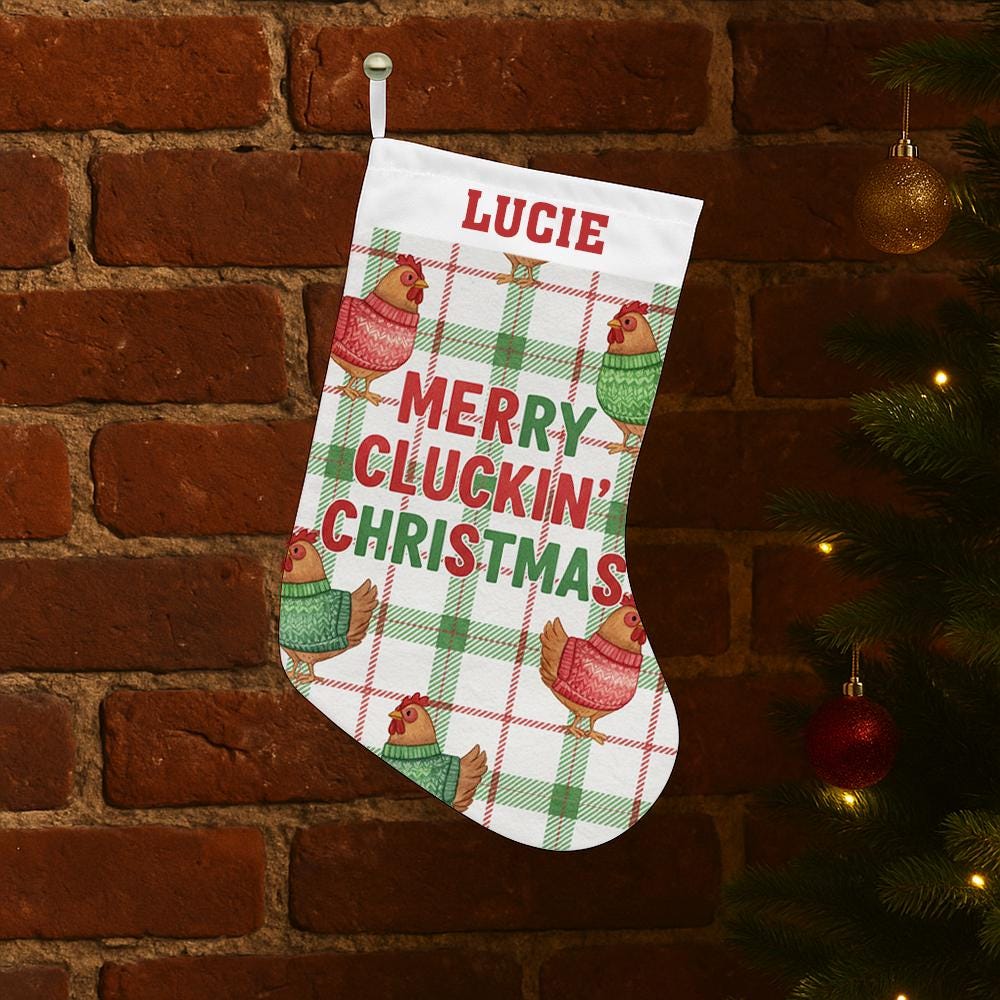 Personalized Chicken Christmas Stocking – Custom Name Farmhouse Holiday Decor with Plaid and Hens