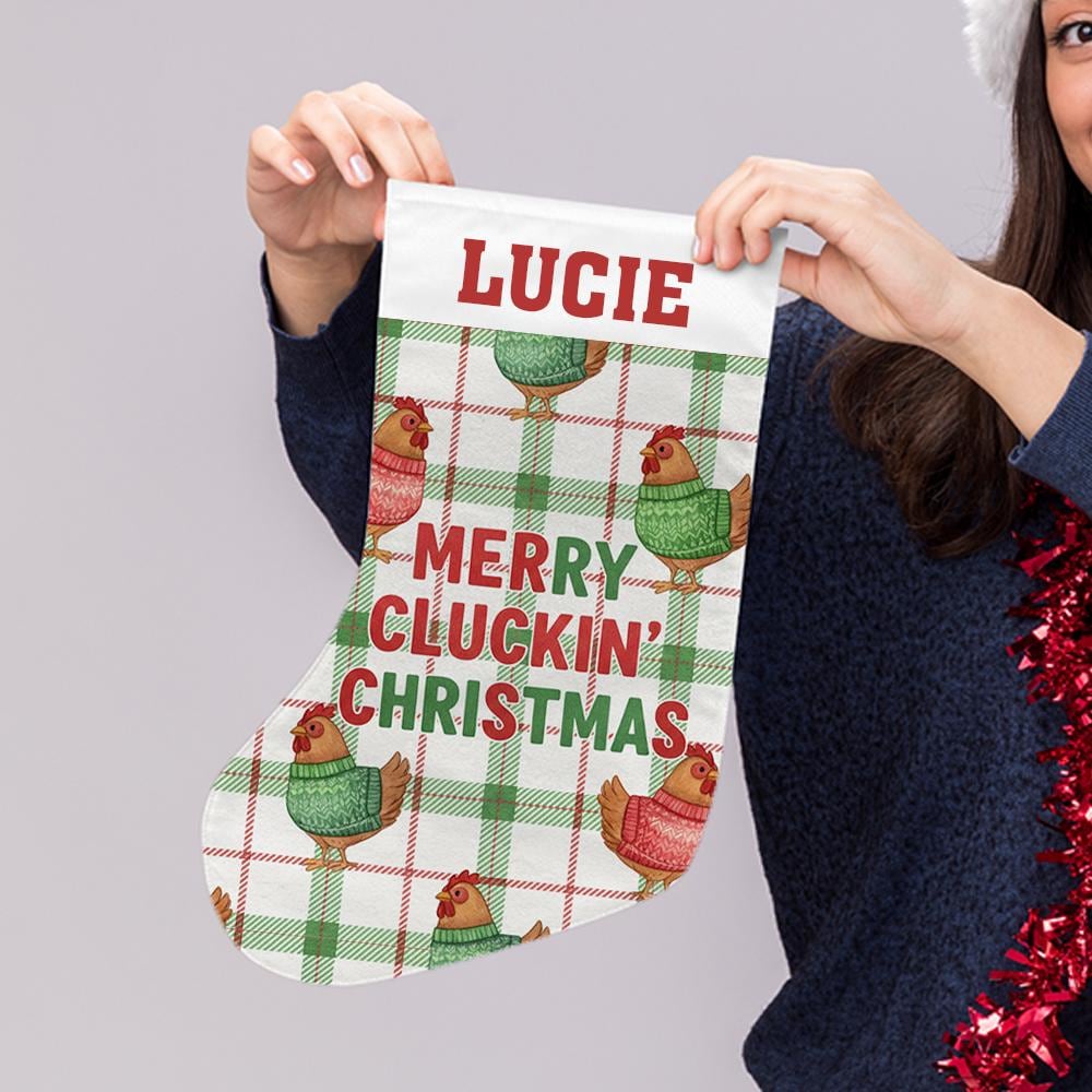 Personalized Chicken Christmas Stocking – Custom Name Farmhouse Holiday Decor with Plaid and Hens