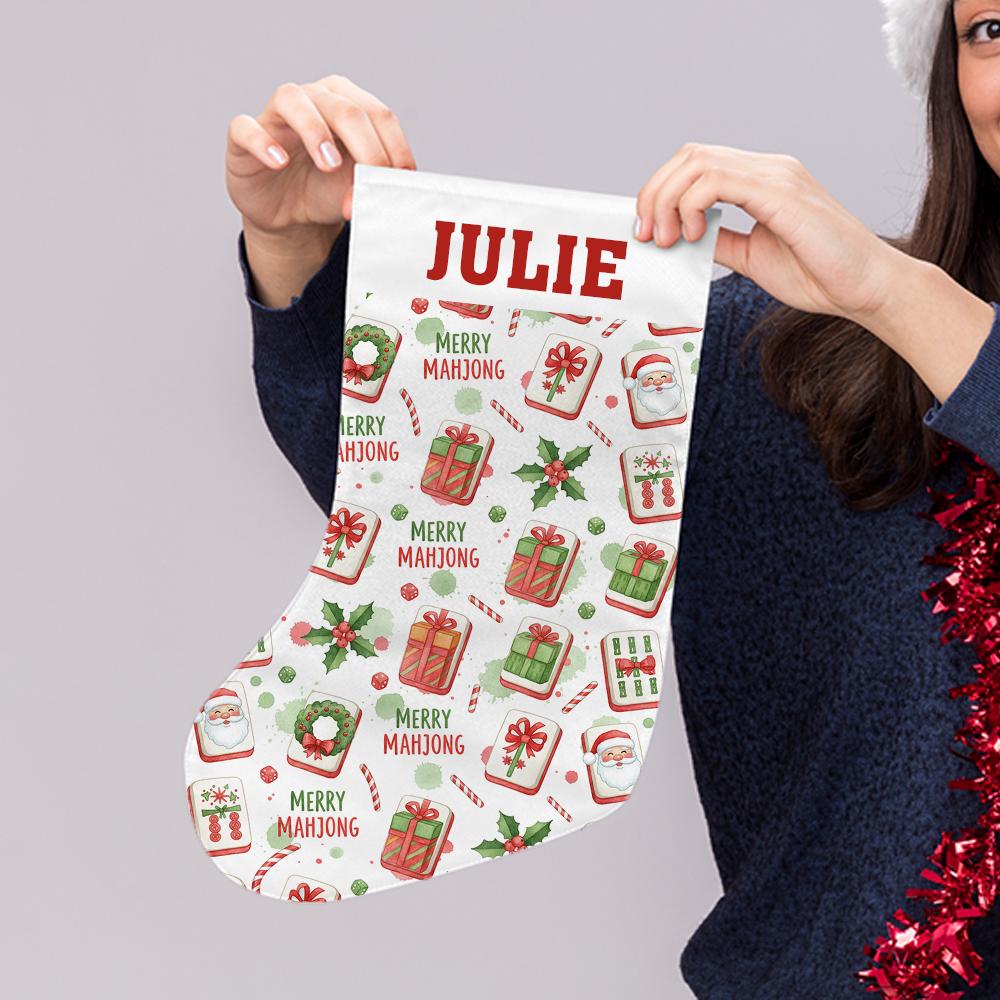 Personalized Mahjong Christmas Stocking with Name – Custom Holiday Decoration, Mahjong Tile Design, Gift Holder