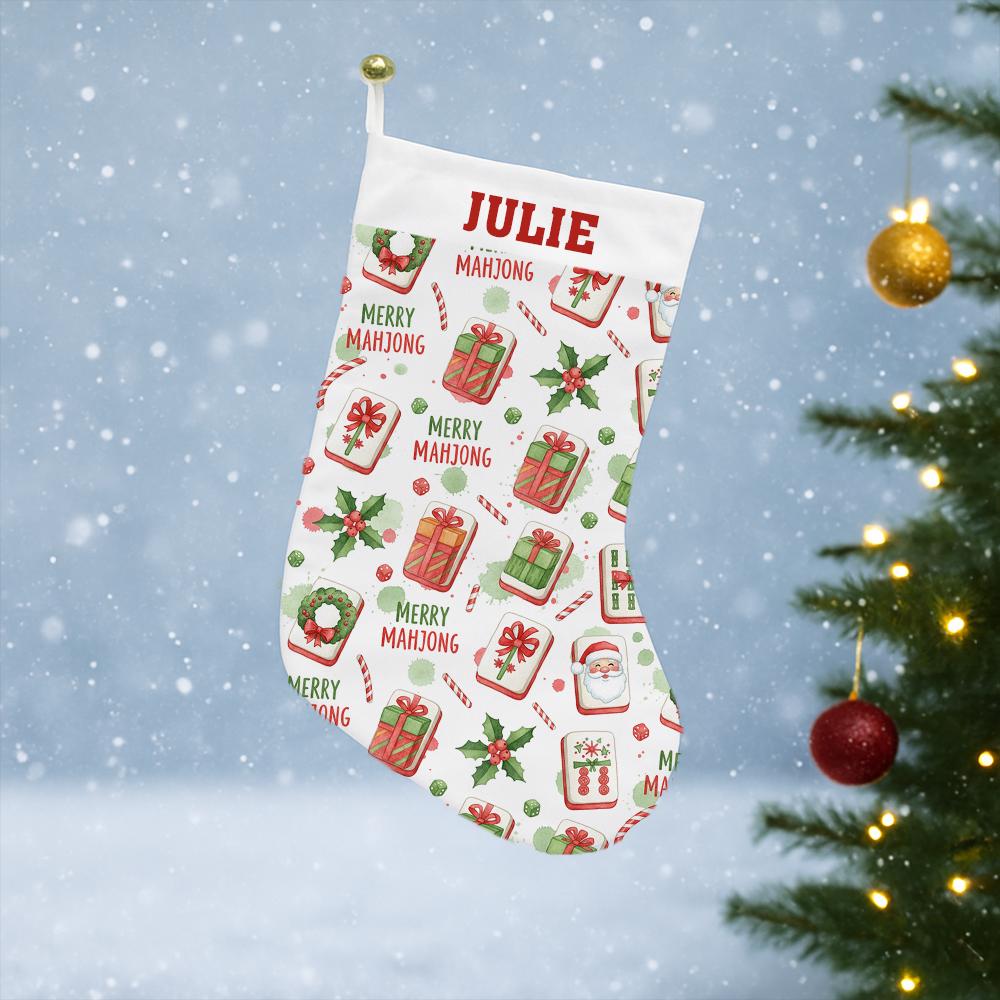 Personalized Mahjong Christmas Stocking with Name – Custom Holiday Decoration, Mahjong Tile Design, Gift Holder