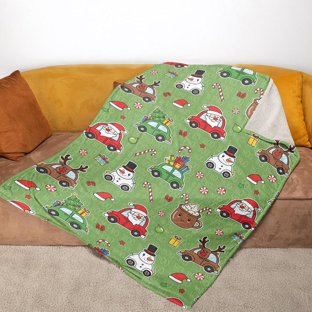 Christmas Fleece Blanket with Santa Snowman Reindeer Cars Green Holiday Throw