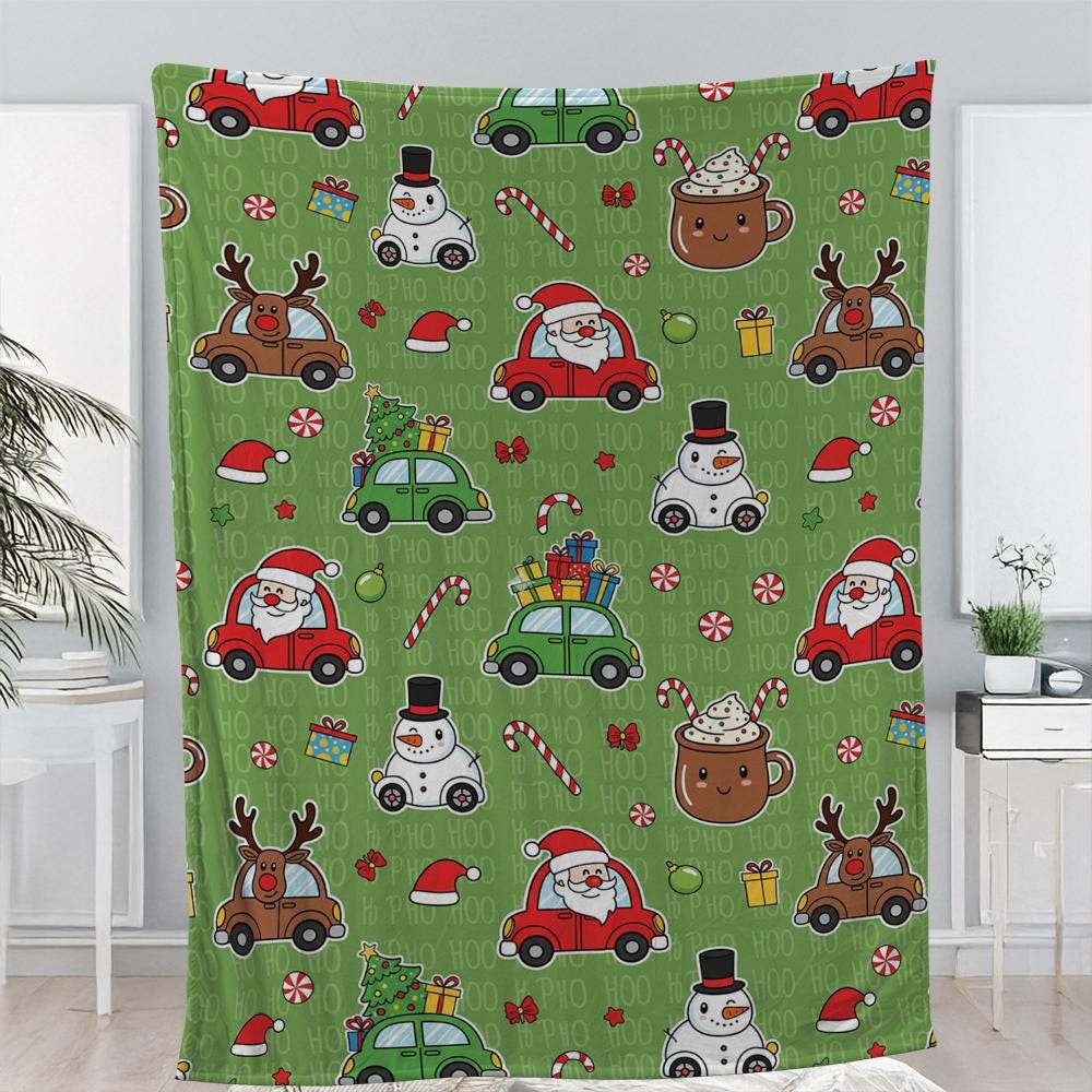 Christmas Fleece Blanket with Santa Snowman Reindeer Cars Green Holiday Throw
