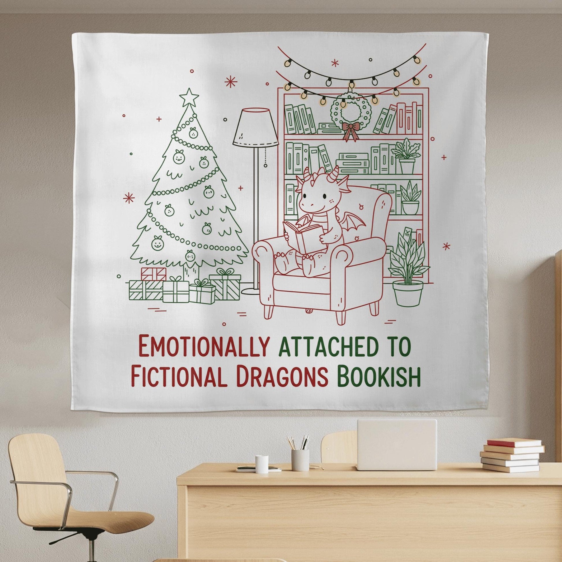Christmas Dragon Reading Tapestry, Book Lover Wall Hanging, Fantasy Holiday Decor