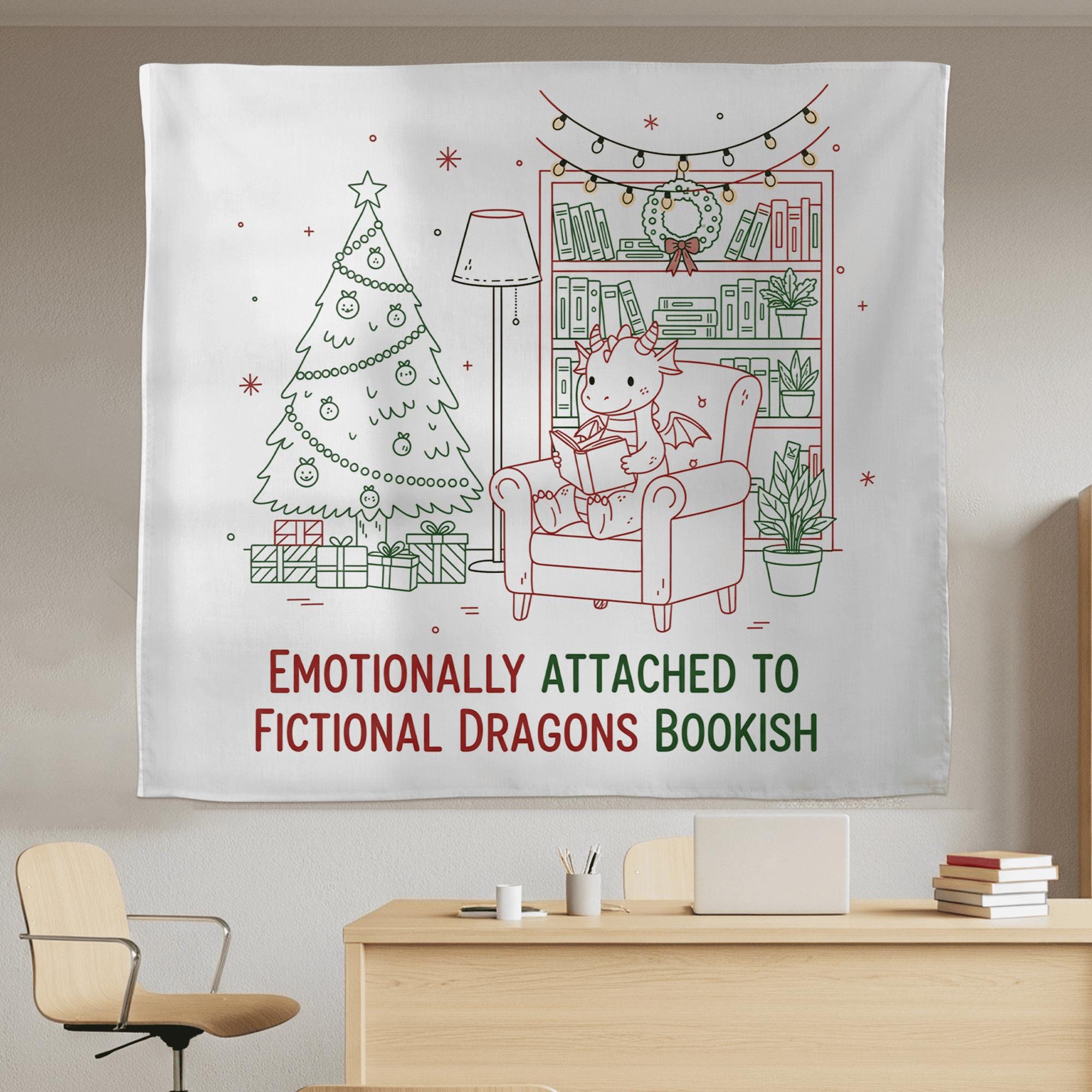 Christmas Dragon Reading Tapestry, Book Lover Wall Hanging, Fantasy Holiday Decor