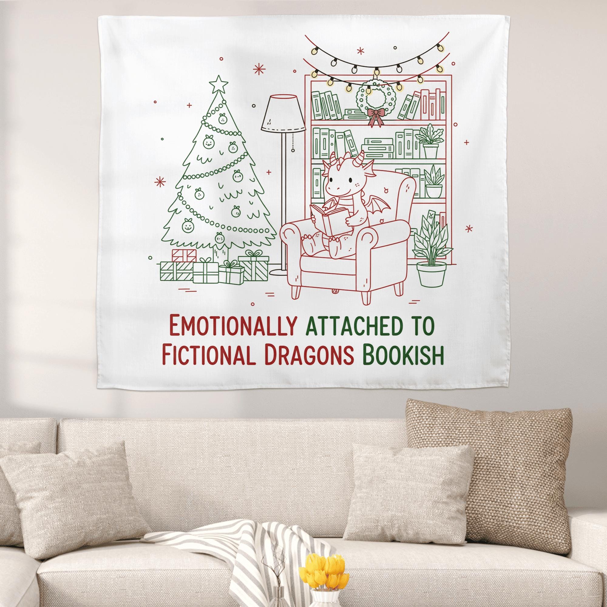 Christmas Dragon Reading Tapestry, Book Lover Wall Hanging, Fantasy Holiday Decor