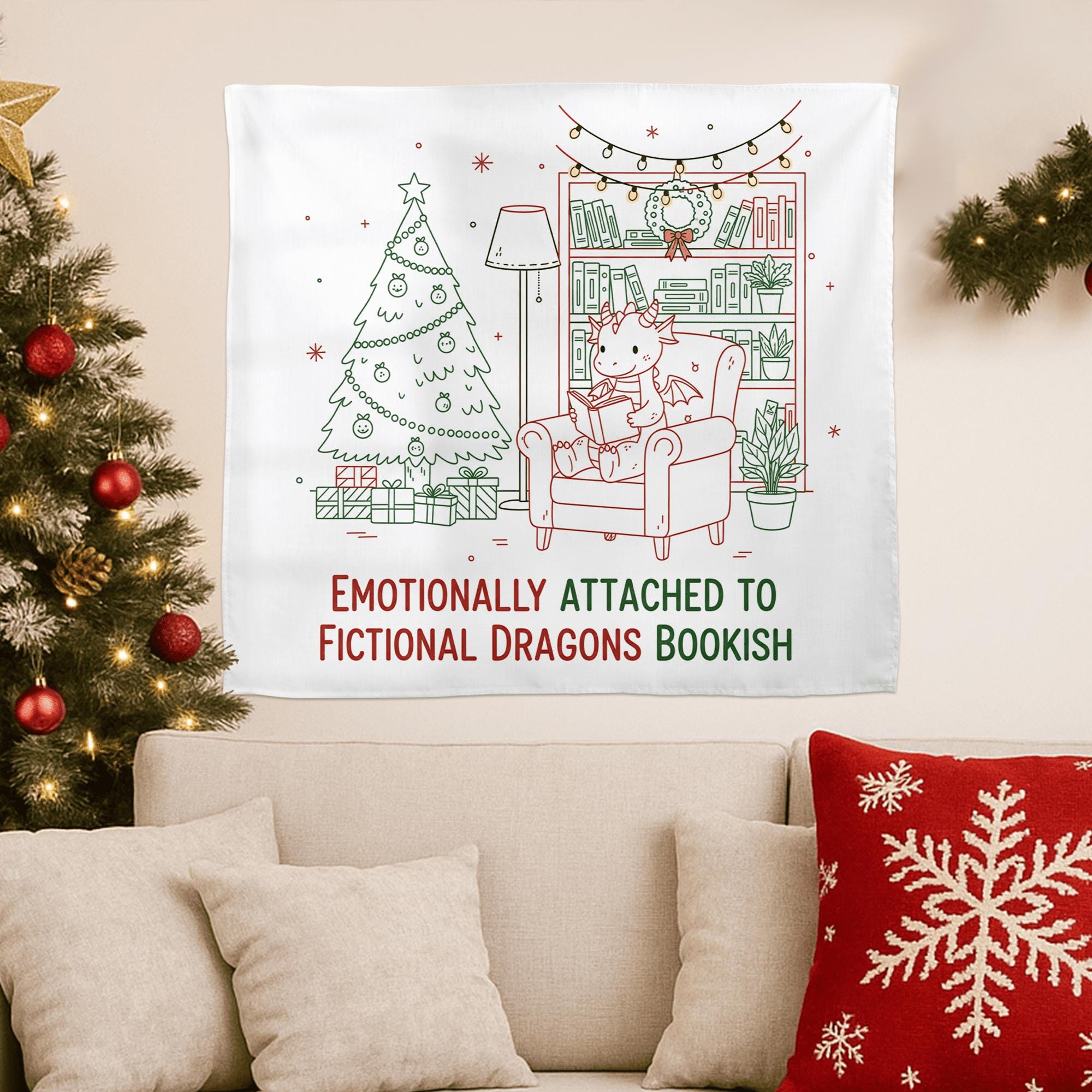 Christmas Dragon Reading Tapestry, Book Lover Wall Hanging, Fantasy Holiday Decor