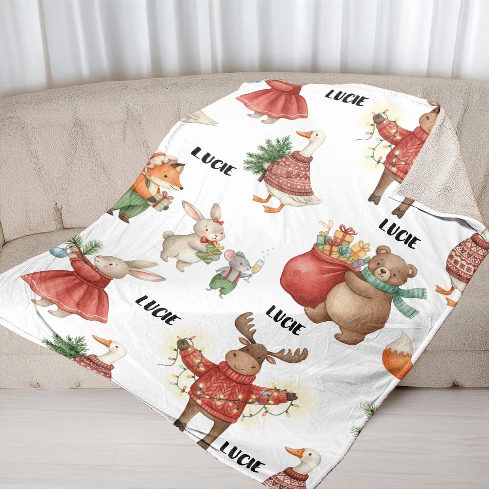 Custom Fleece Blanket with Woodland Animals, Personalized Christmas Throw with Name, Cozy Holiday Decor