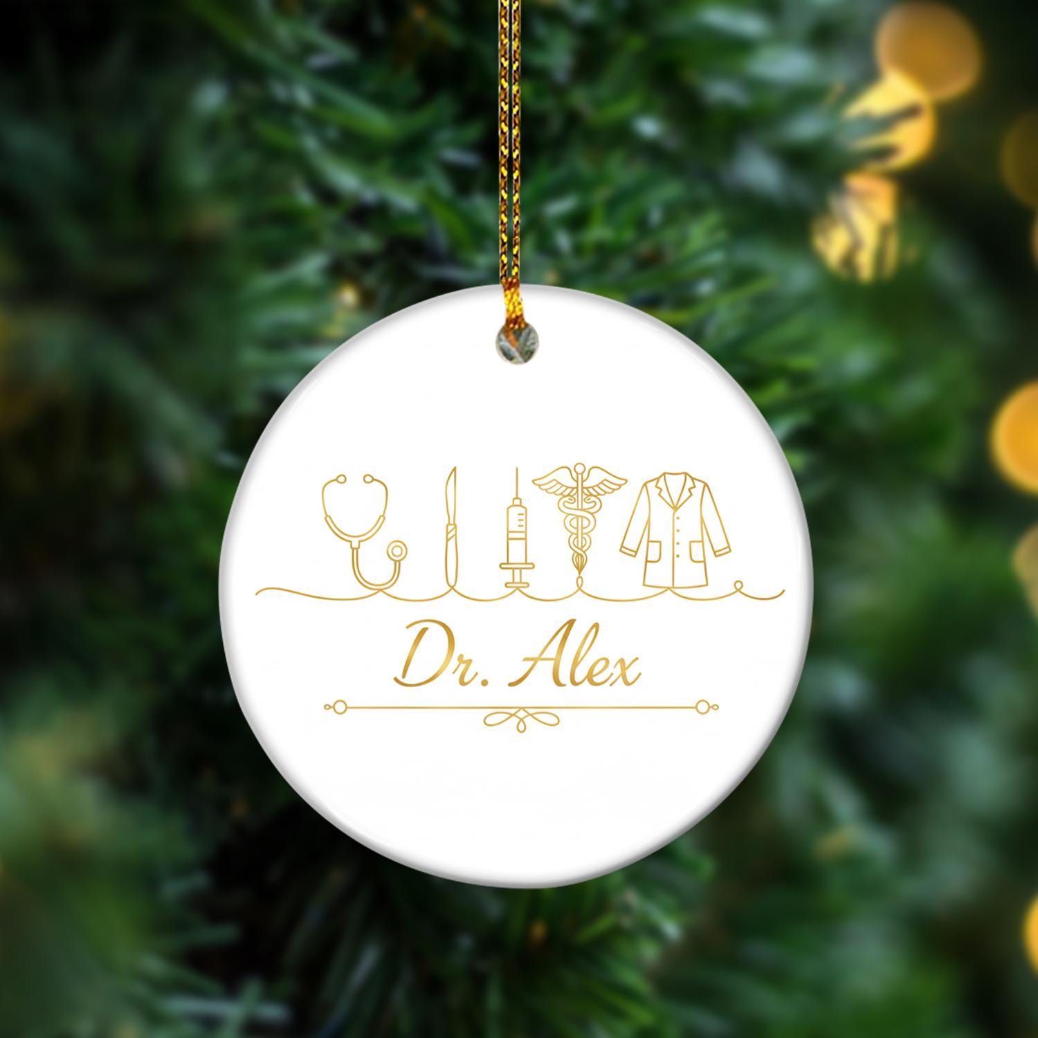 Personalized Ceramic Ornament – Doctor Design with Stethoscope Syringe Caduceus Lab Coat