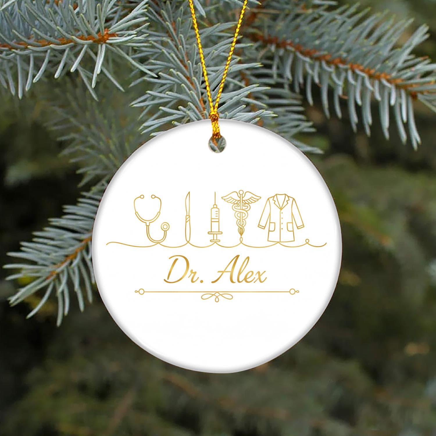 Personalized Ceramic Ornament – Doctor Design with Stethoscope Syringe Caduceus Lab Coat