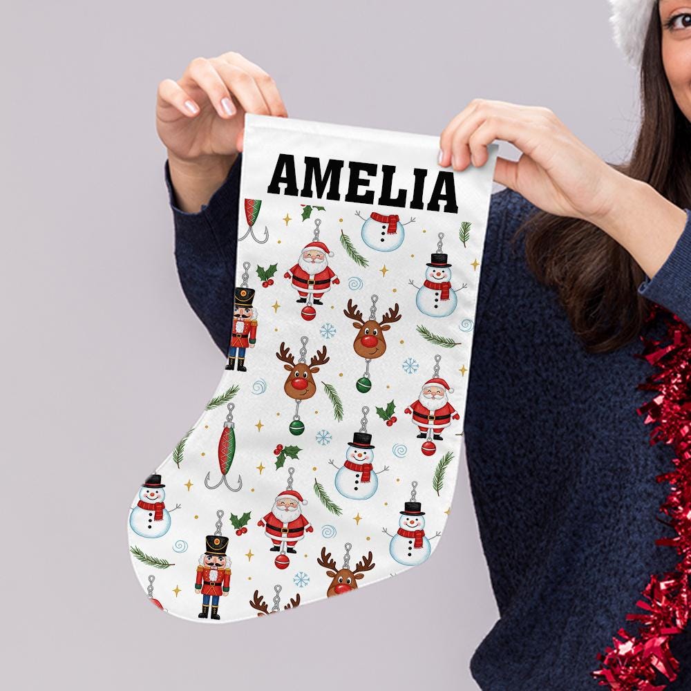 Personalized Fishing Christmas Stocking with Name – Custom Santa Reindeer Snowman Hook Holiday Fireplace Decor
