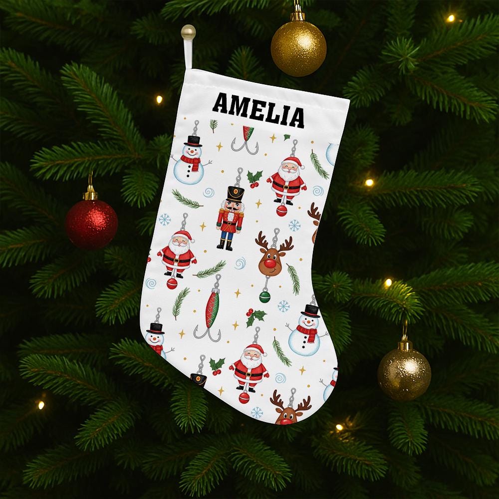 Personalized Fishing Christmas Stocking with Name – Custom Santa Reindeer Snowman Hook Holiday Fireplace Decor