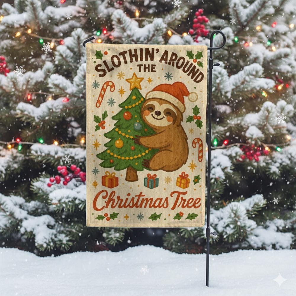 Sloth Christmas Flag – Holiday Outdoor Banner with Tree Santa Hat Design