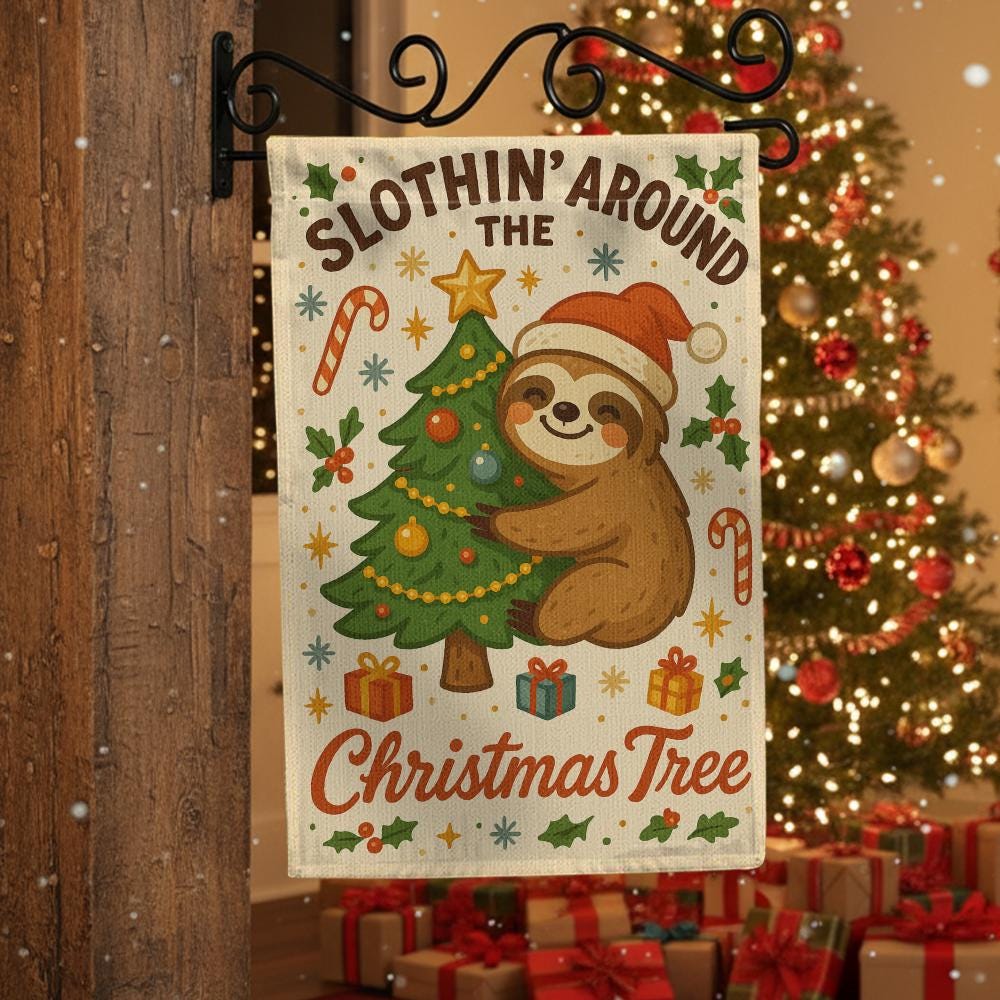 Sloth Christmas Flag – Holiday Outdoor Banner with Tree Santa Hat Design