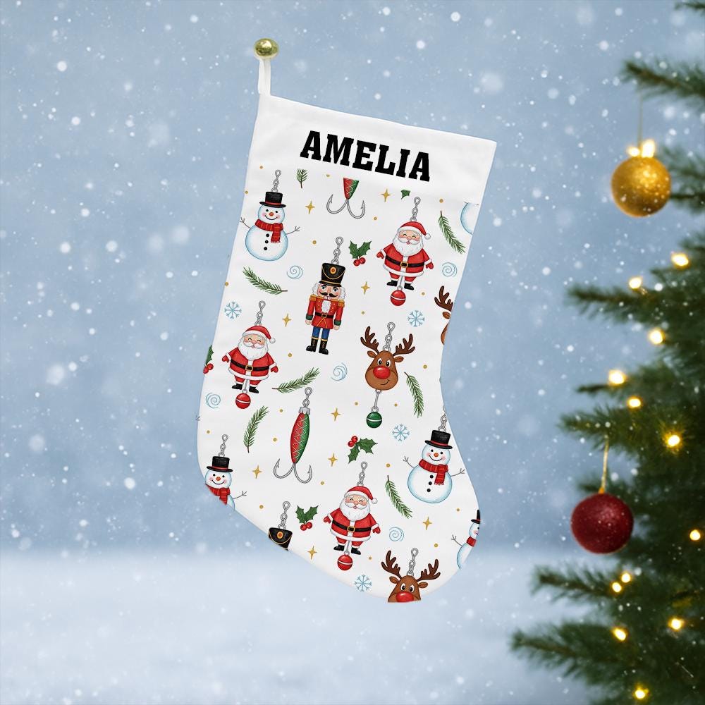 Personalized Fishing Christmas Stocking with Name – Custom Santa Reindeer Snowman Hook Holiday Fireplace Decor