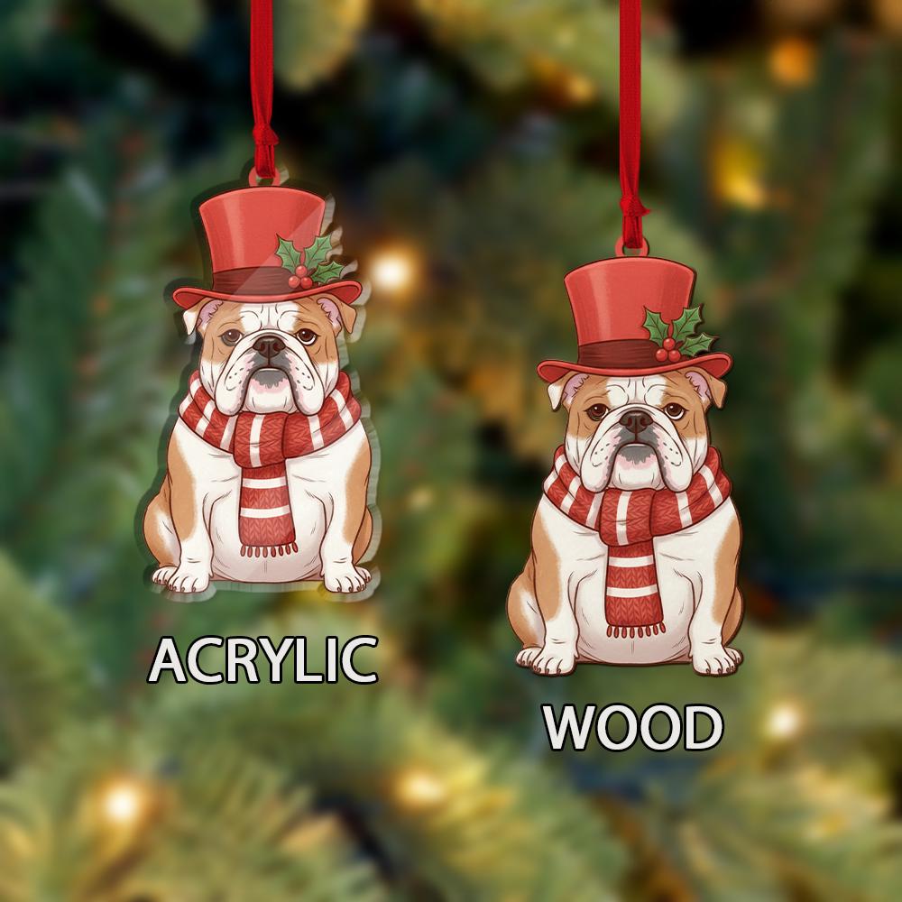 Bulldog Christmas Ornament – Dog Tree Decoration with Top Hat and Scarf Design