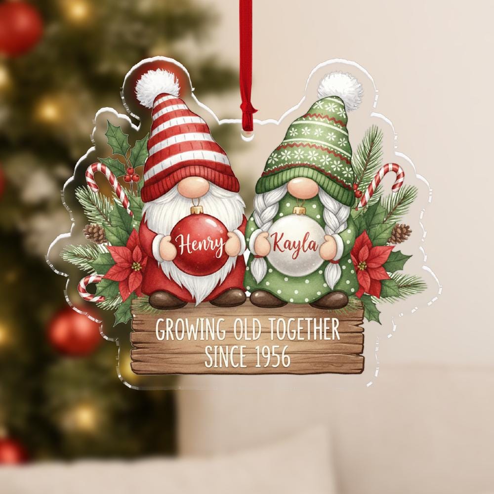 Personalized Gnome Couple Ornament – Christmas Decoration with Names and Year