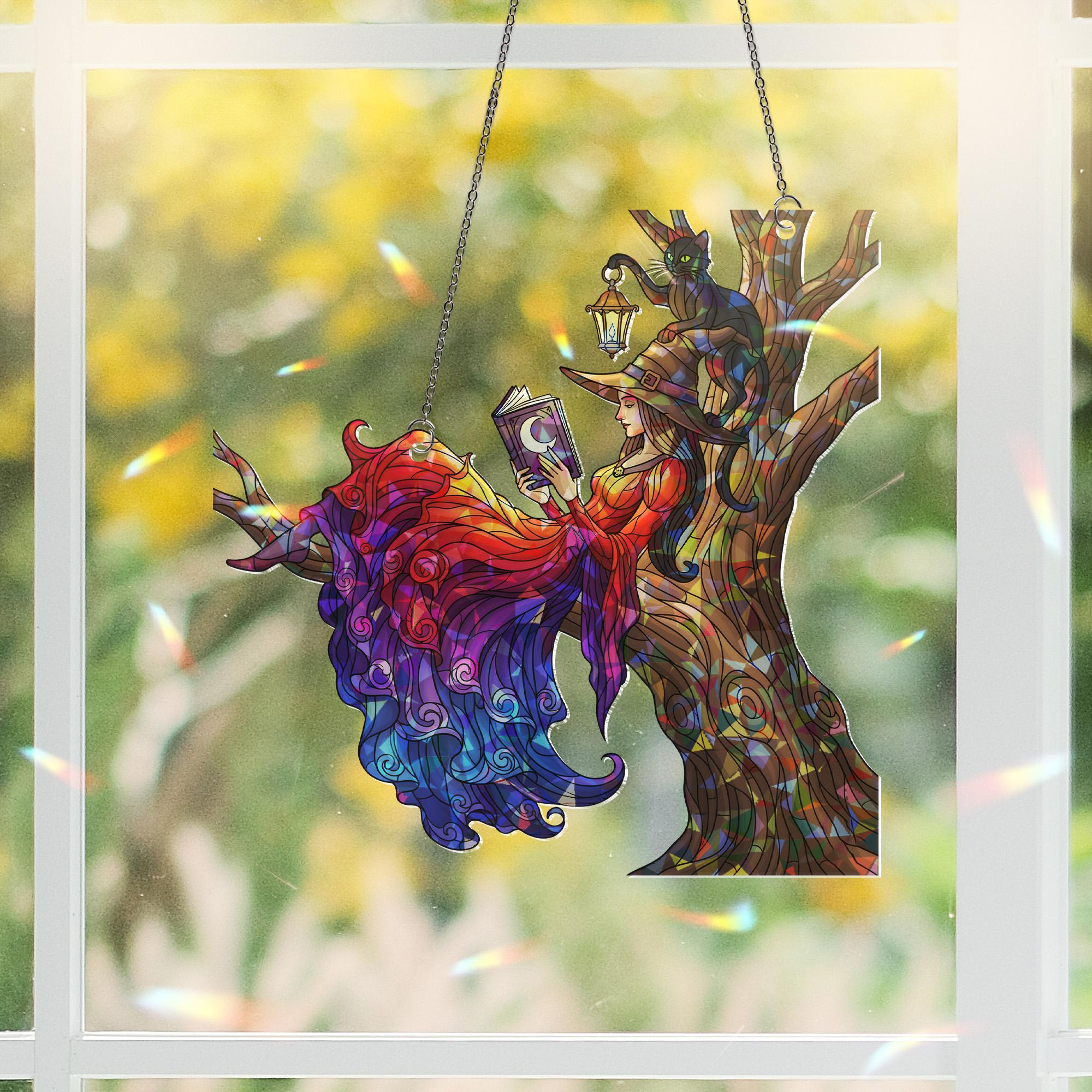 Holographic Witch Suncatcher: Stained Glass Effect, Gothic Halloween Decor