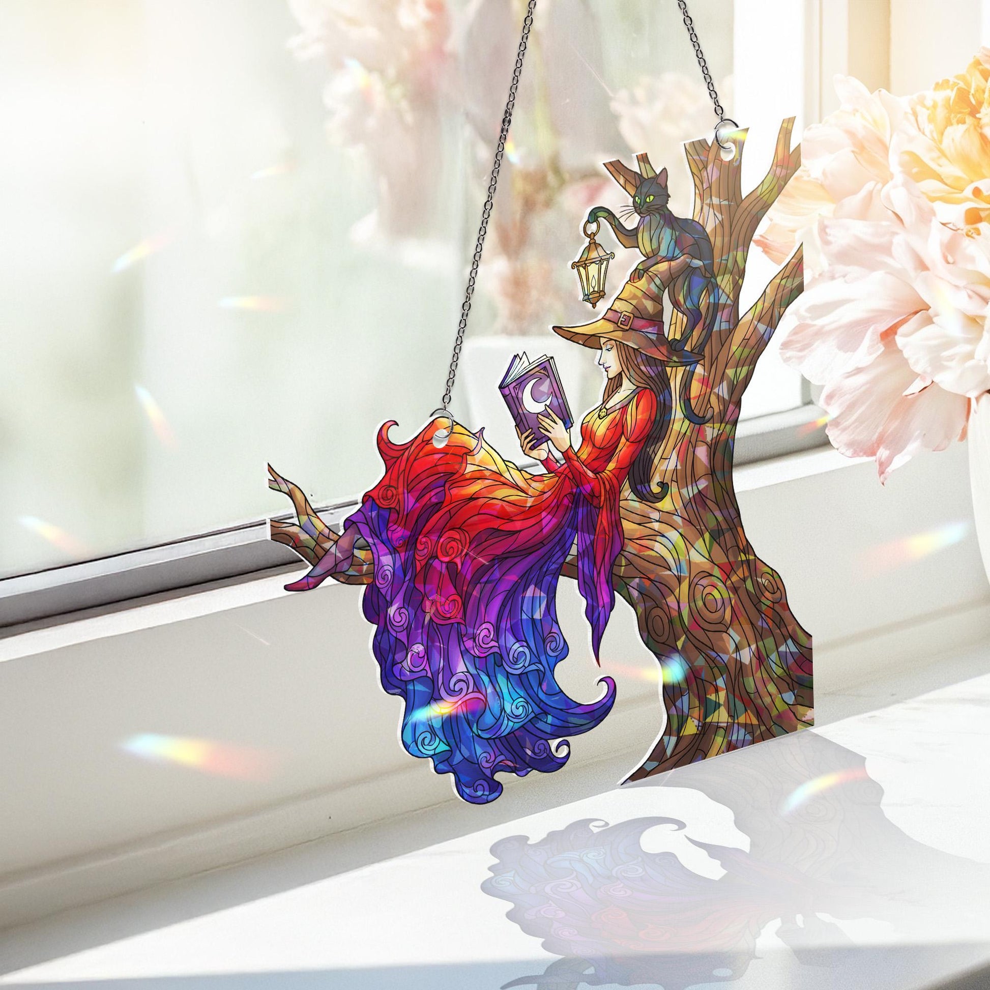 Holographic Witch Suncatcher: Stained Glass Effect, Gothic Halloween Decor