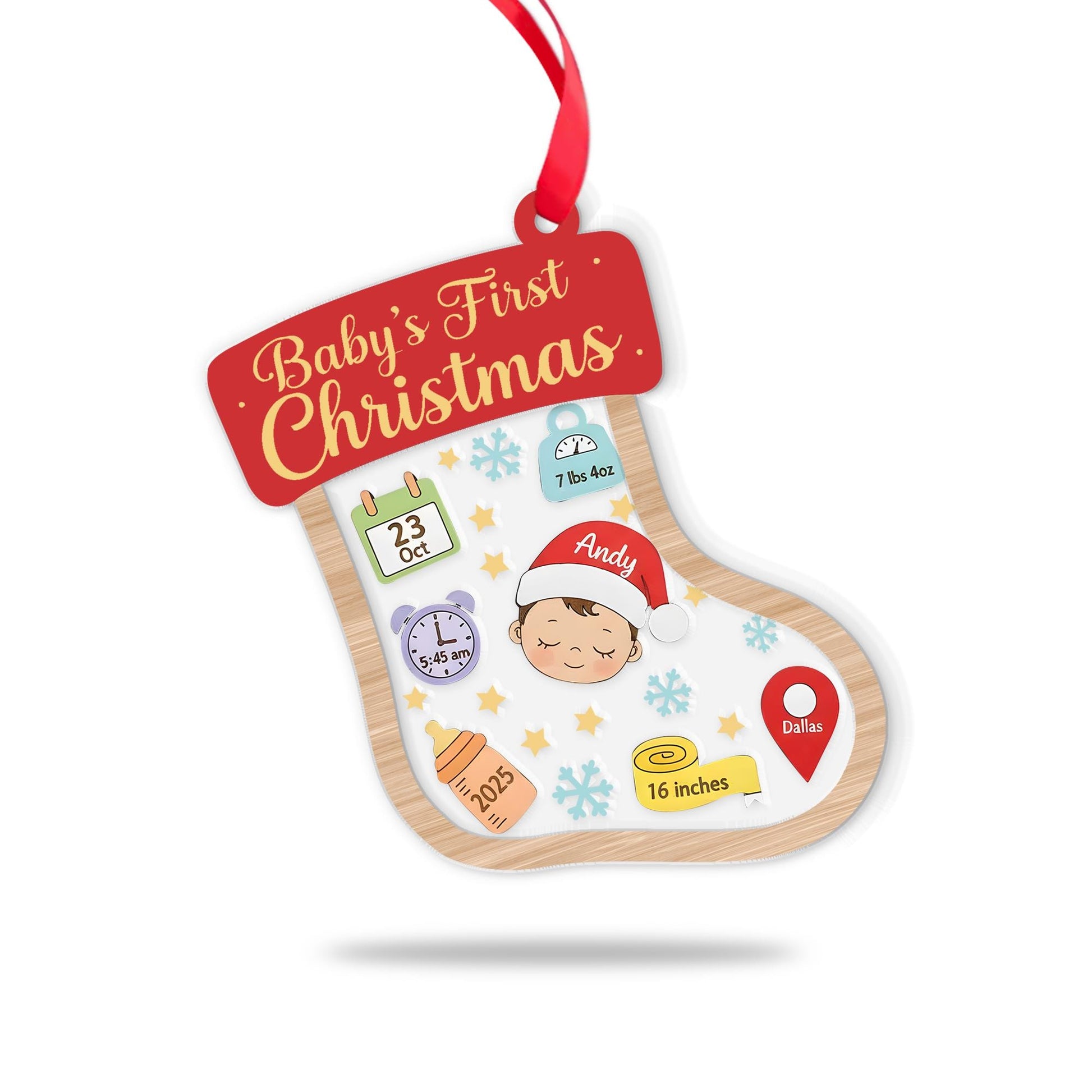 Baby’s First Christmas Ornament – Personalized Stocking Shaker Keepsake with Birth Stats Custom Name