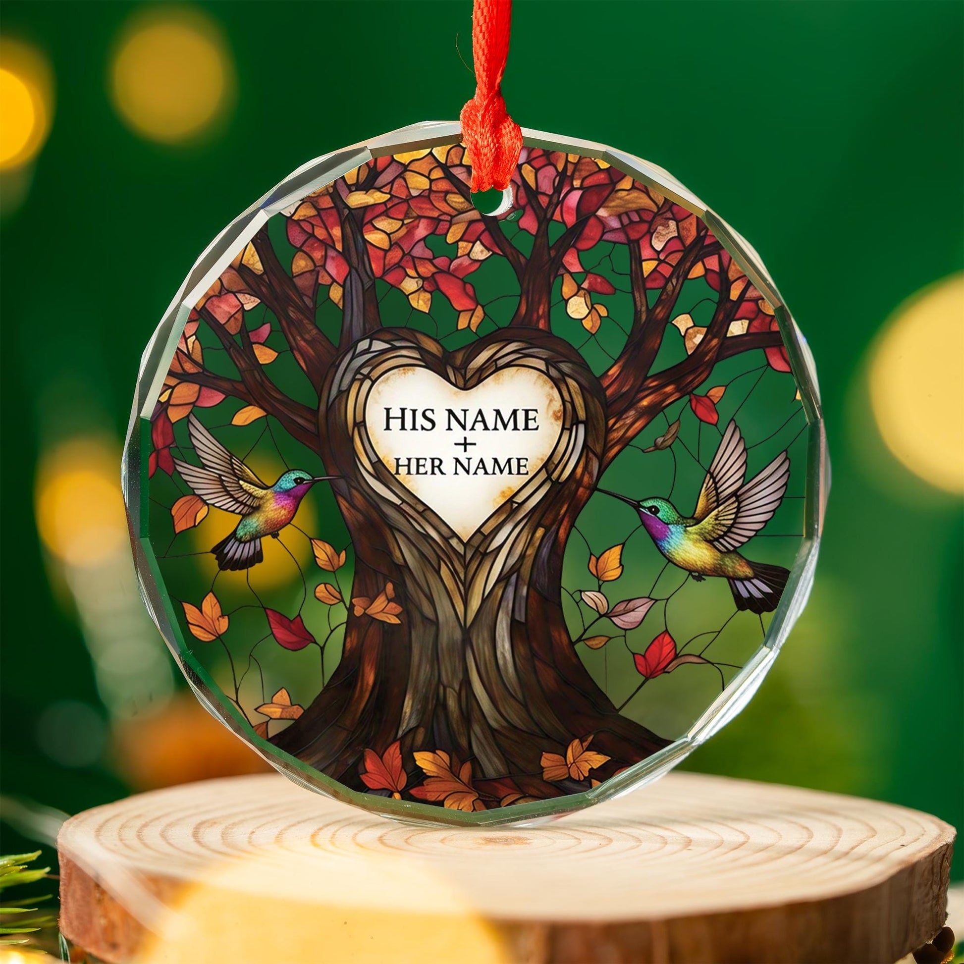 Hummingbird Glass Ornament, Personalized Couples Tree Decoration, Custom Love Gift Keepsake