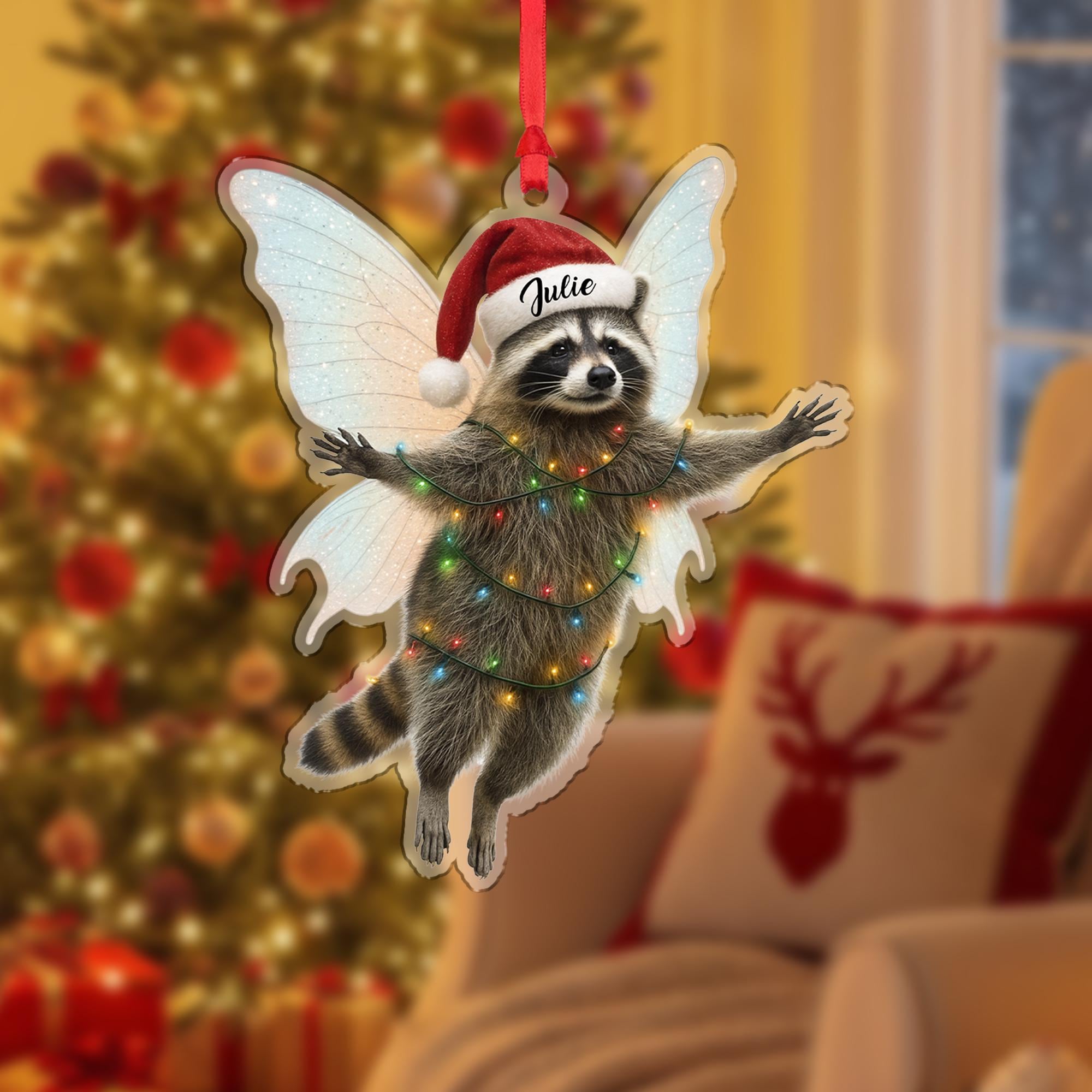 Raccoon Fairy Ornament, Funny Animal Christmas Decoration, Personalized Woodland Gift