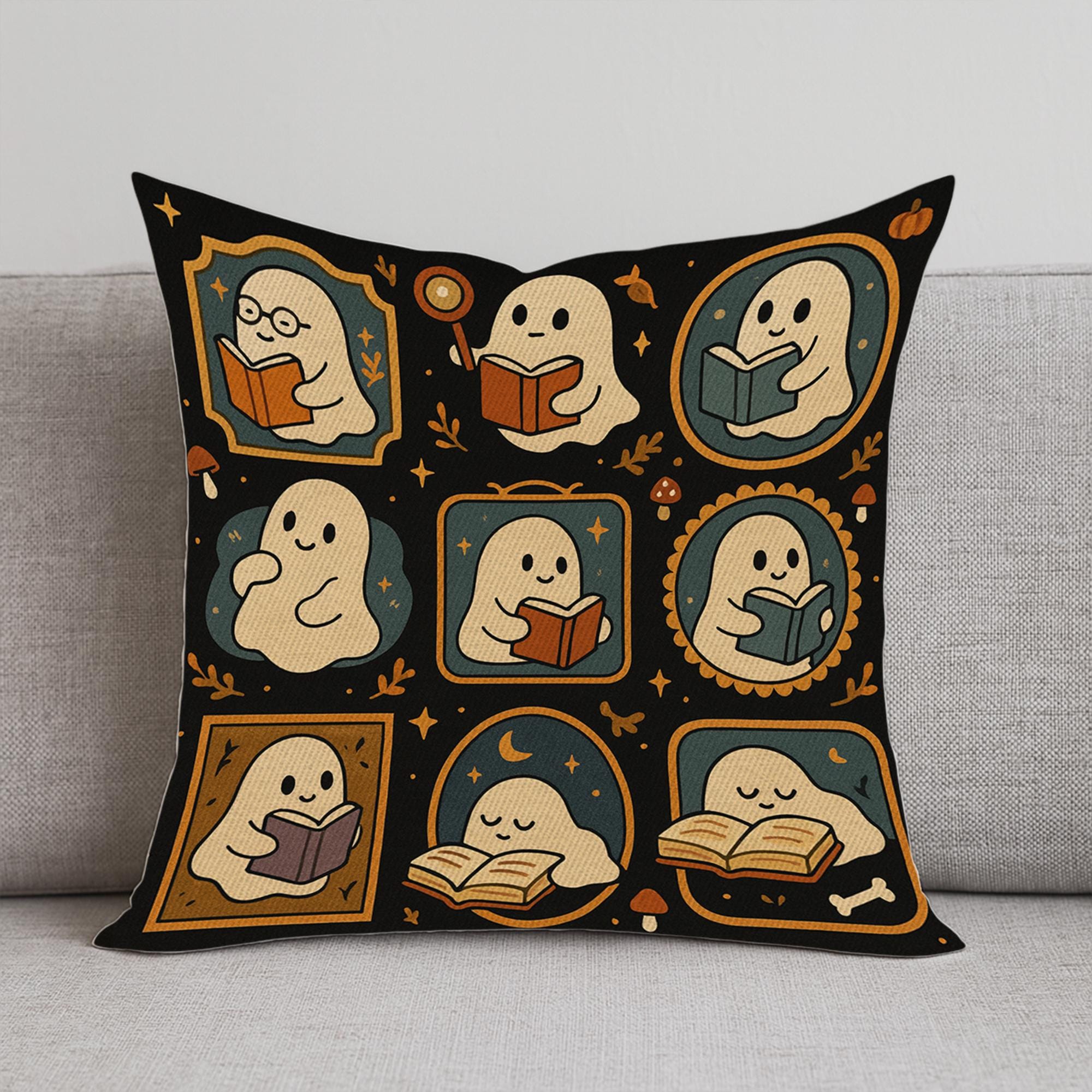 Ghost Reading Pillow, Cute Bookish Halloween Cushion, Spooky Book Lover Decor