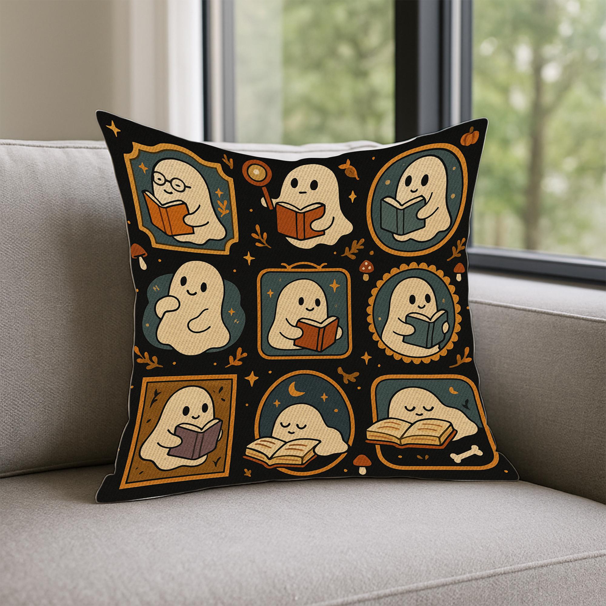 Ghost Reading Pillow, Cute Bookish Halloween Cushion, Spooky Book Lover Decor