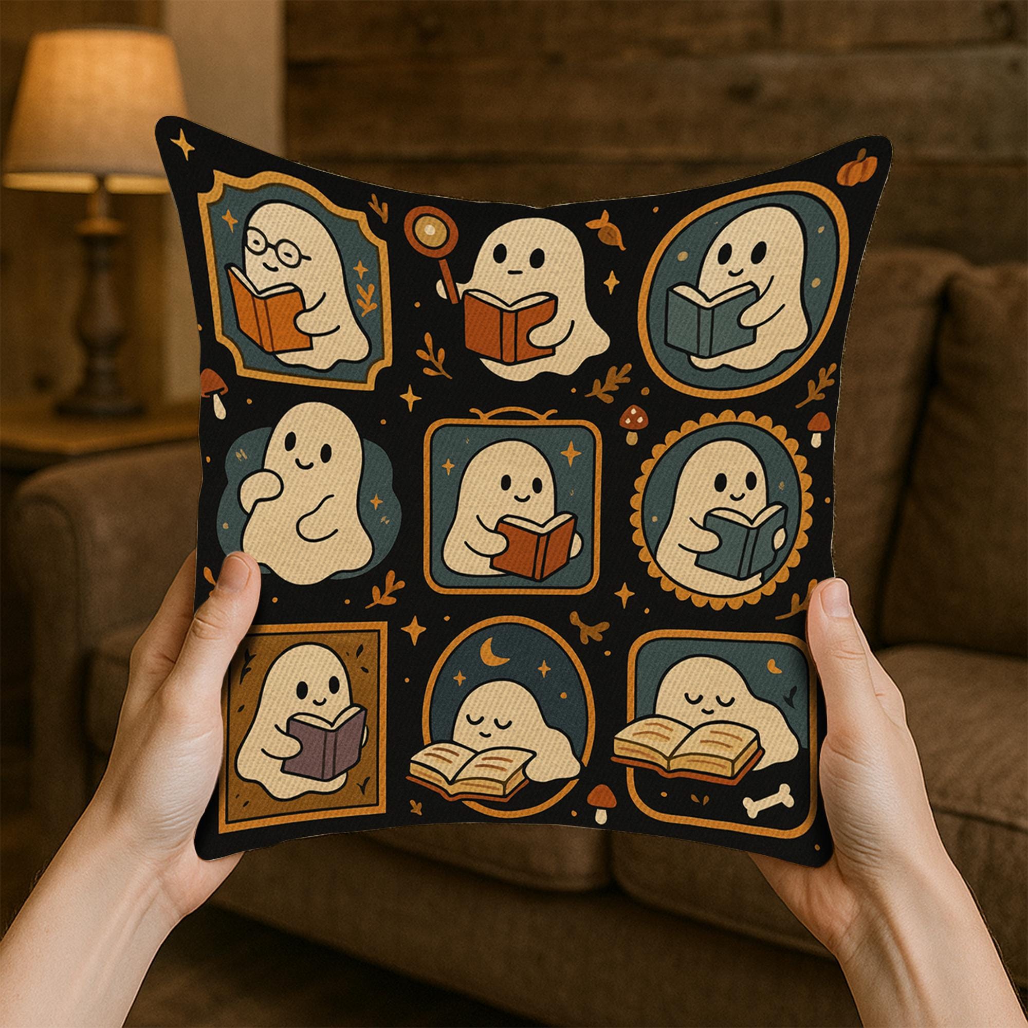Ghost Reading Pillow, Cute Bookish Halloween Cushion, Spooky Book Lover Decor