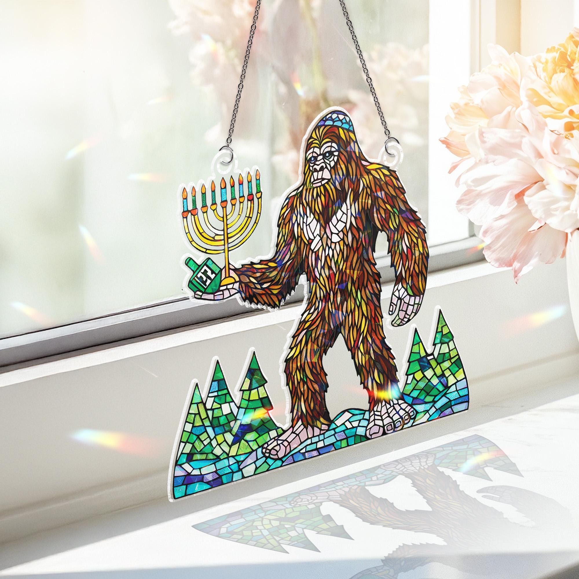 Holographic Bigfoot Hanukkah Ornament: Sasquatch Judaica Window Hanging