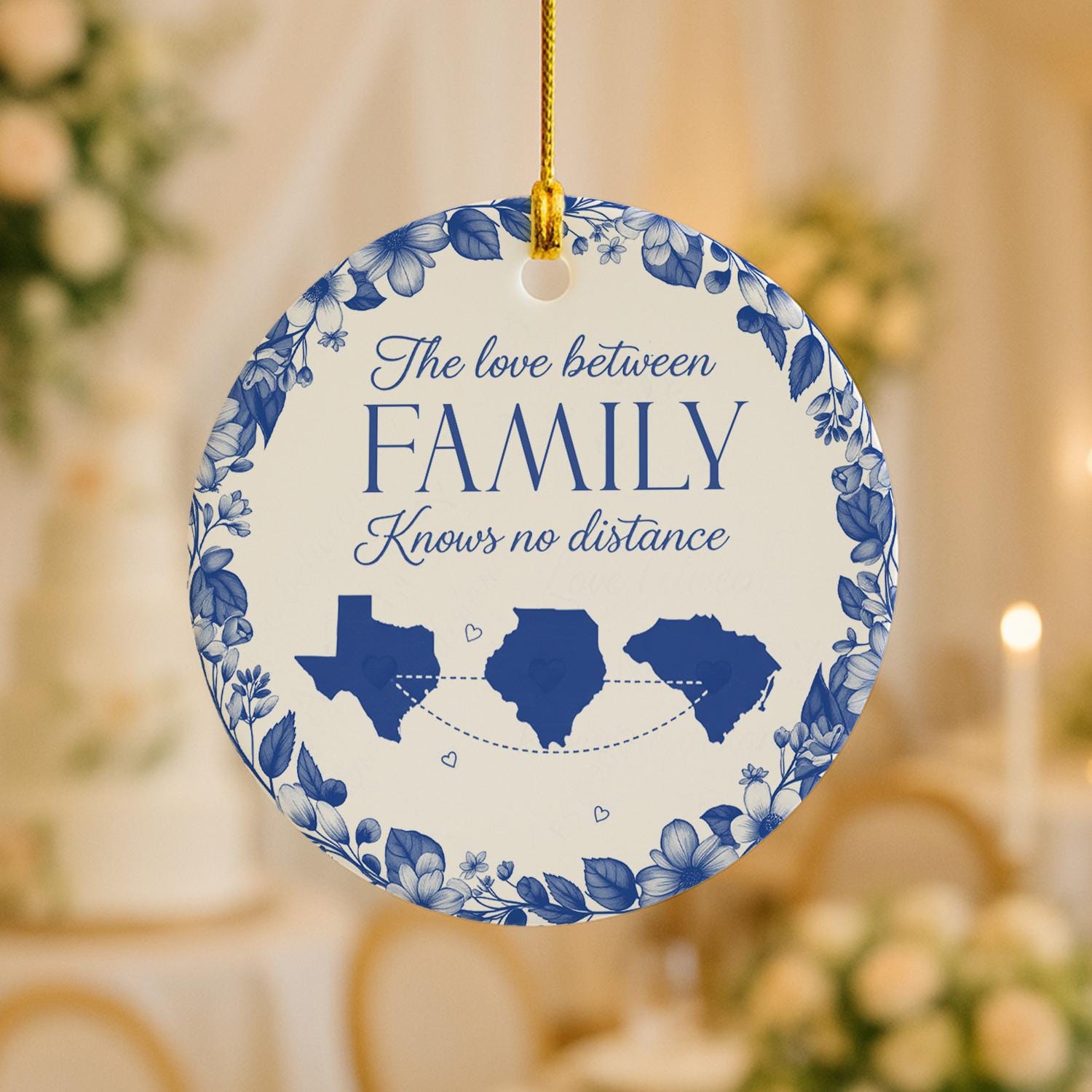 Family Distance Ornament, Personalized State Map Ceramic Decoration, Long Distance Gift