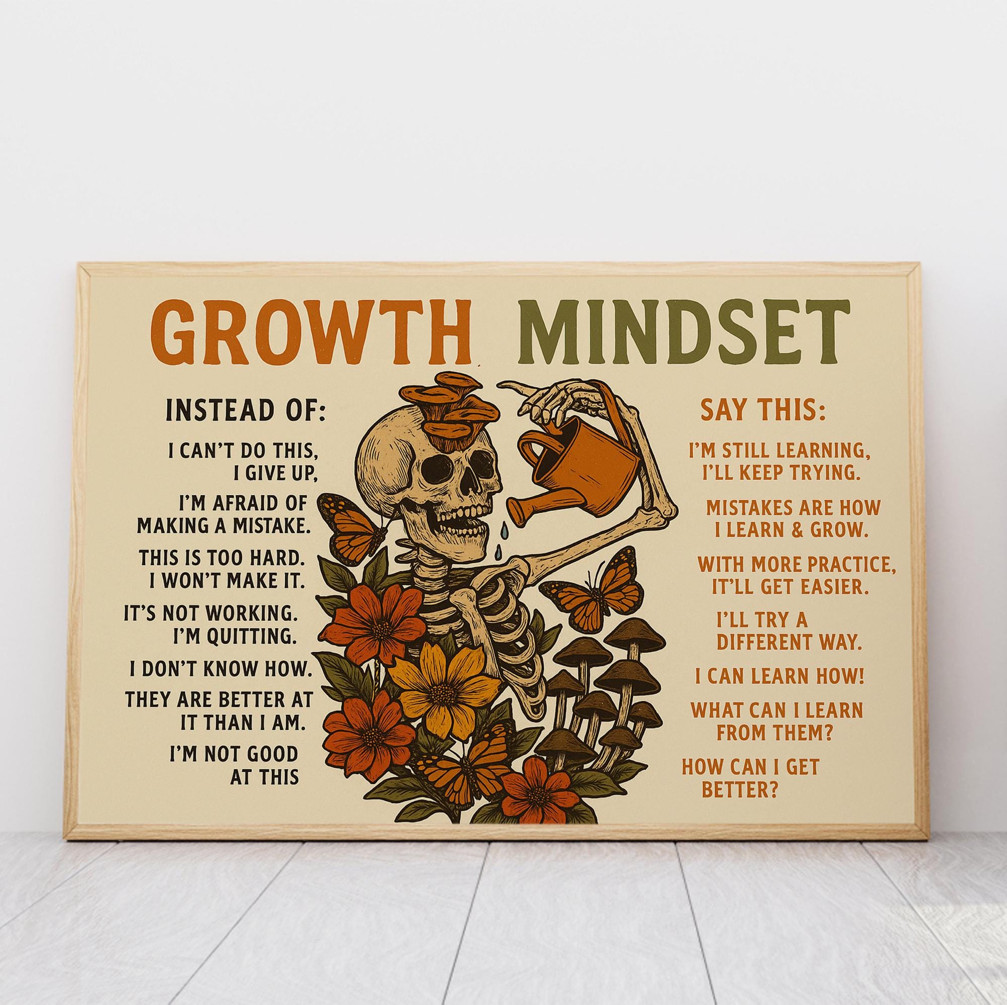 Growth Mindset Skeleton Canvas Art: Motivational Positive Quote Print