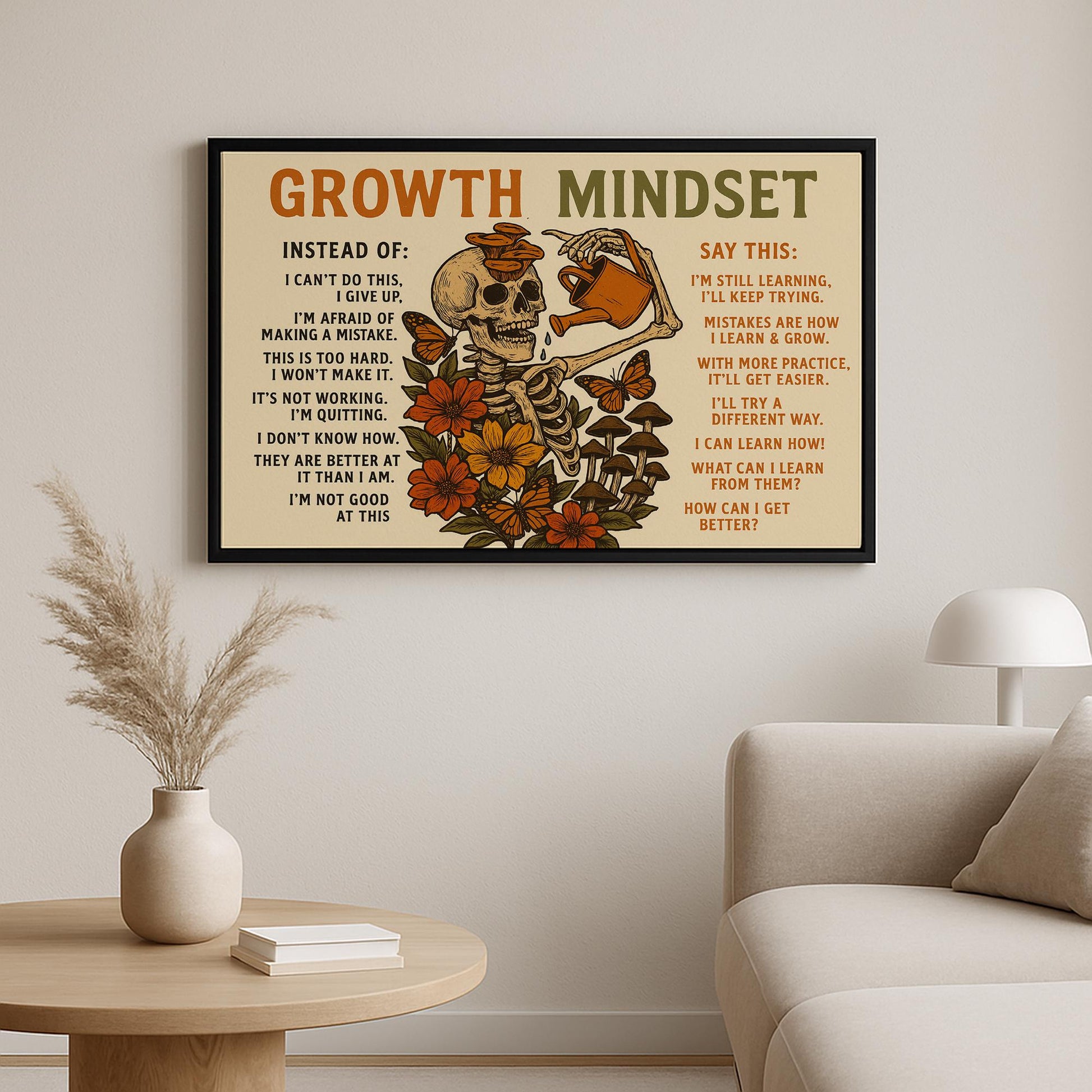 Growth Mindset Skeleton Canvas Art: Motivational Positive Quote Print