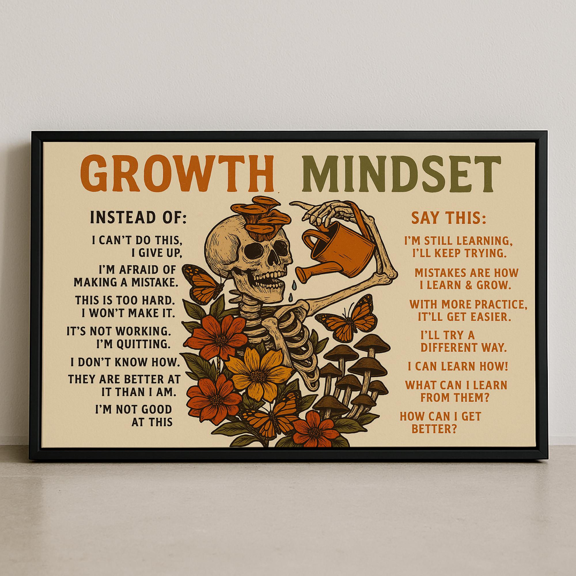 Growth Mindset Skeleton Canvas Art: Motivational Positive Quote Print