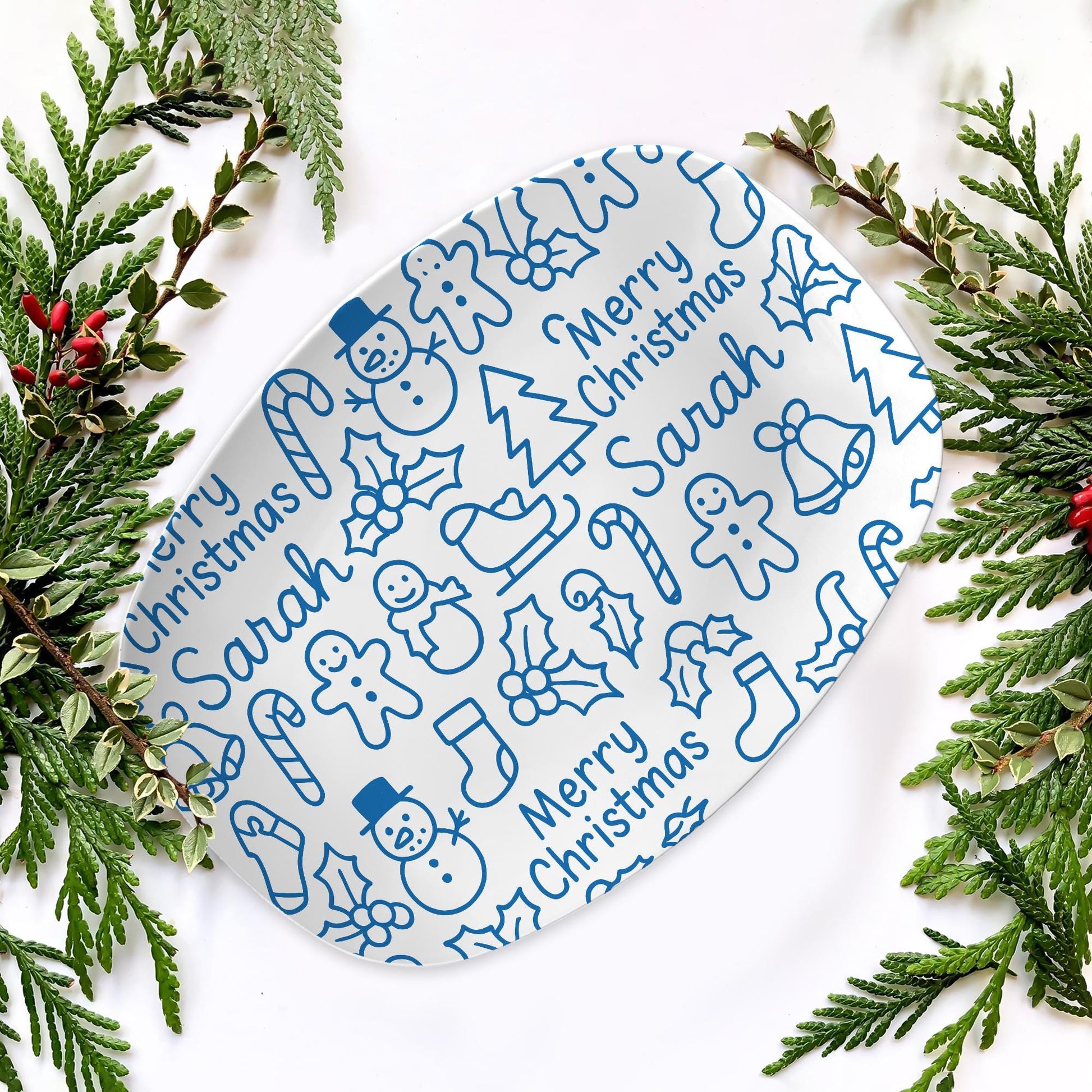 Personalized Christmas Platter: Blue Doodle Holiday Serving Tray