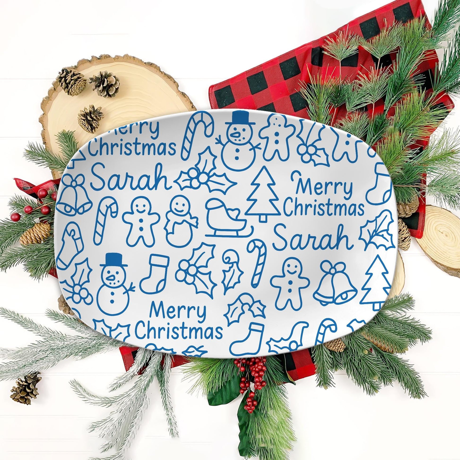 Personalized Christmas Platter: Blue Doodle Holiday Serving Tray
