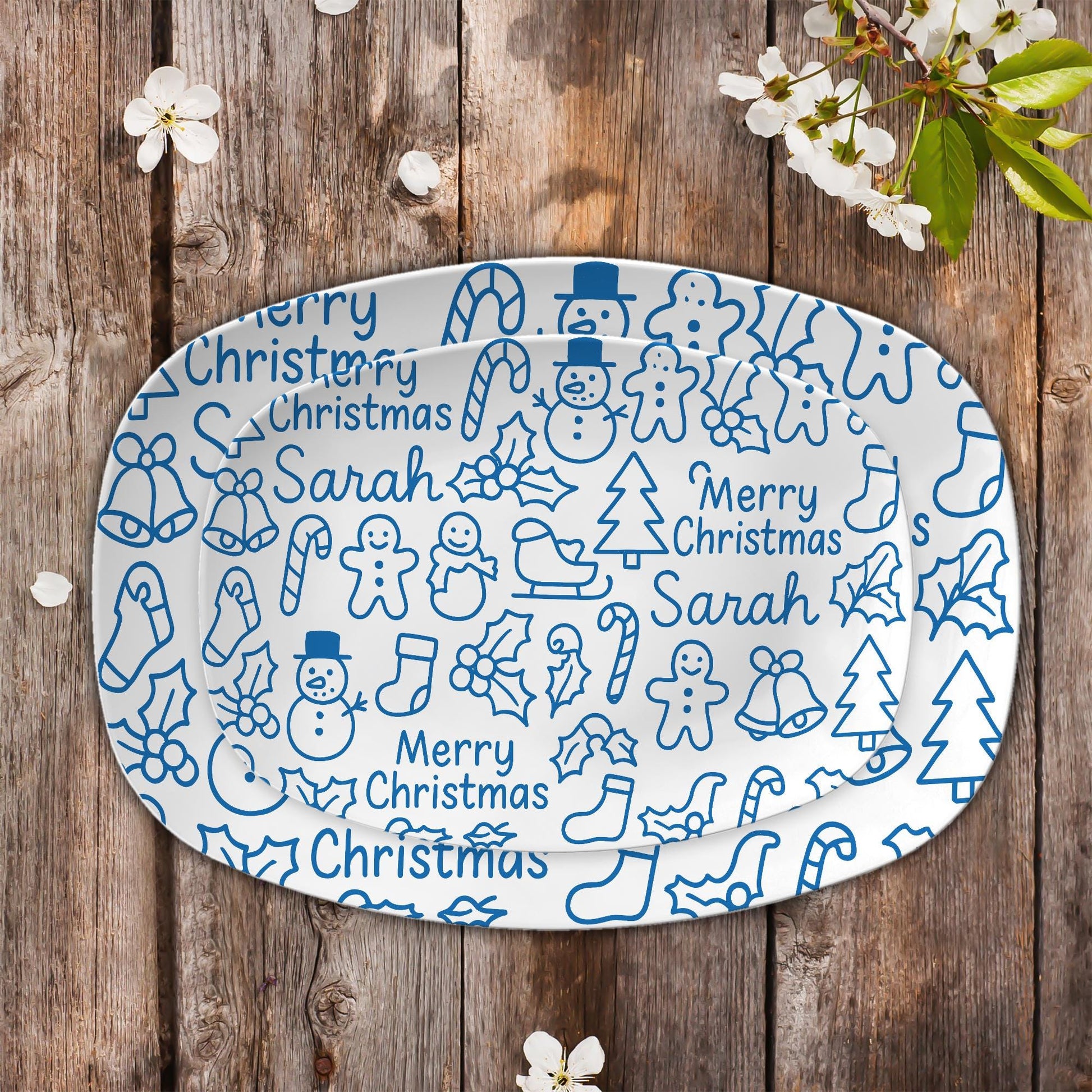 Personalized Christmas Platter: Blue Doodle Holiday Serving Tray