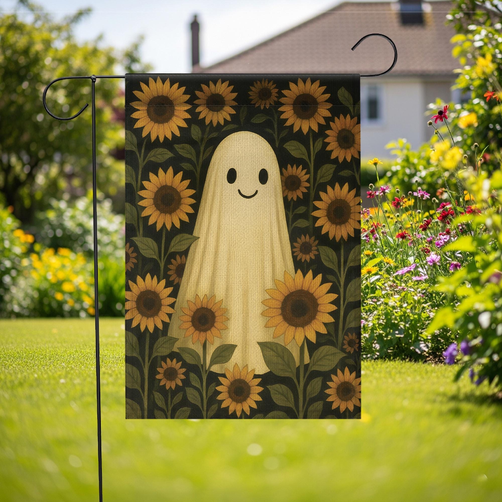 Ghost & Sunflower Garden Flag: Spooky Cottagecore Halloween Decor