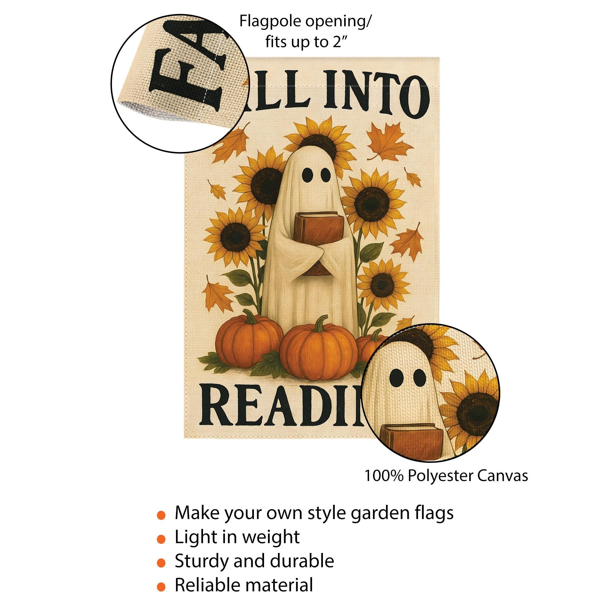 Fall Into Reading Garden Flag, Cute Ghost with Book Decor, Autumn Halloween Flag, Book Lover Gift for Teacher Librarian, Whimsical Porch Art