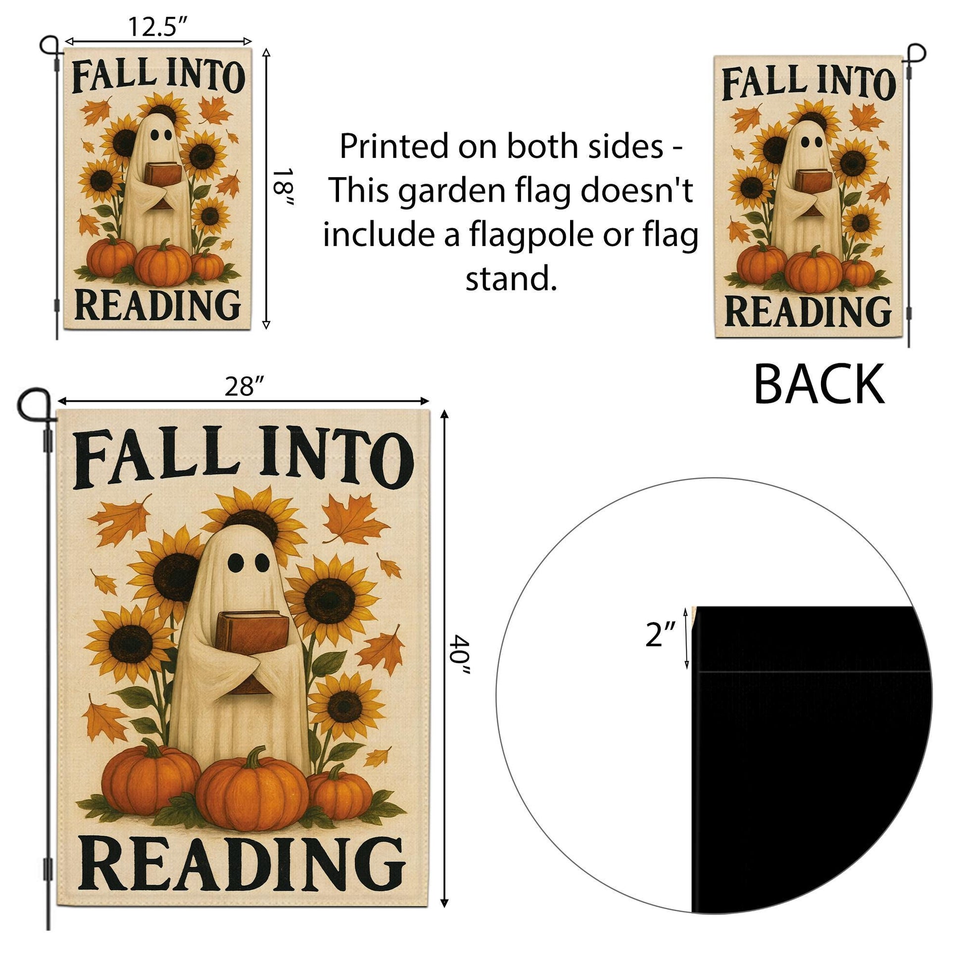 Fall Into Reading Garden Flag, Cute Ghost with Book Decor, Autumn Halloween Flag, Book Lover Gift for Teacher Librarian, Whimsical Porch Art