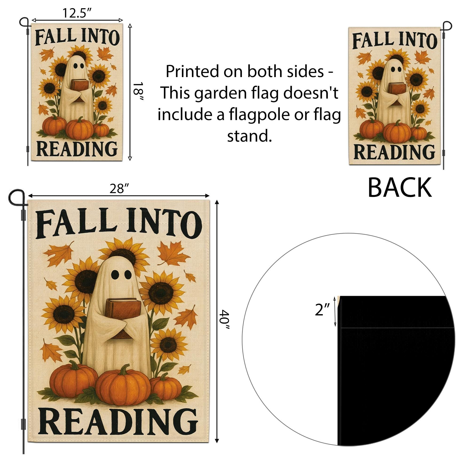 Fall Into Reading Garden Flag, Cute Ghost with Book Decor, Autumn Halloween Flag, Book Lover Gift for Teacher Librarian, Whimsical Porch Art