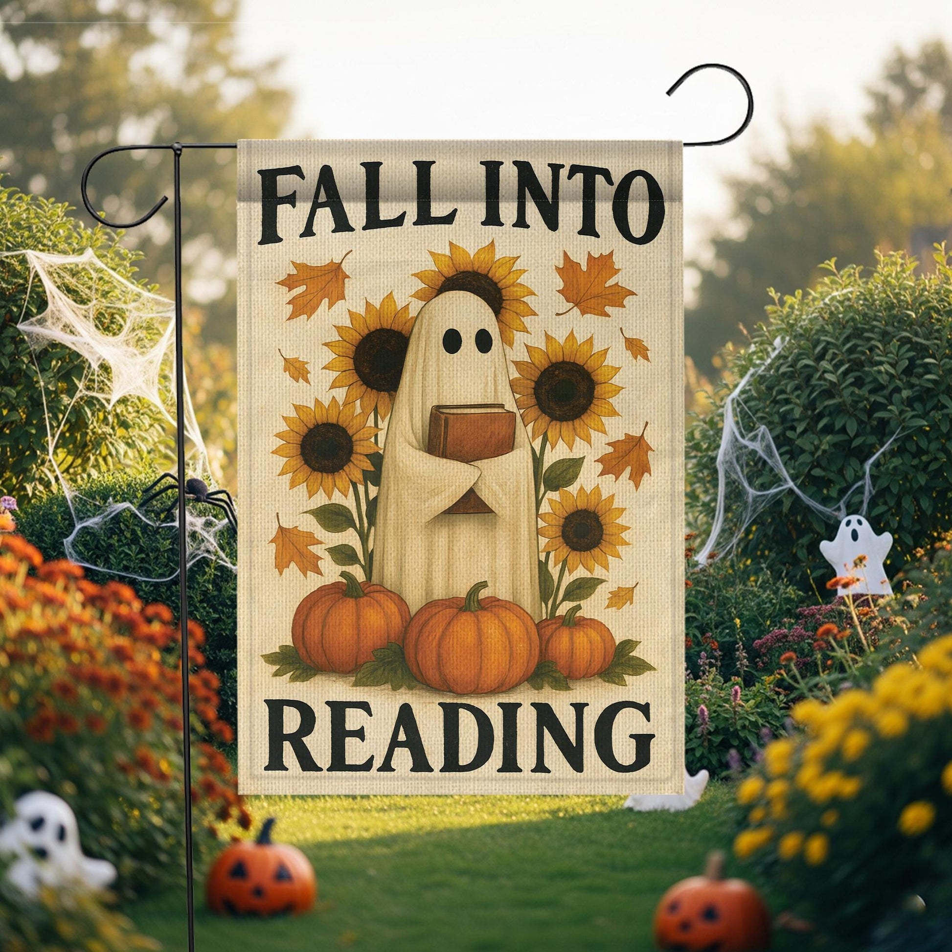 Fall Into Reading Garden Flag, Cute Ghost with Book Decor, Autumn Halloween Flag, Book Lover Gift for Teacher Librarian, Whimsical Porch Art