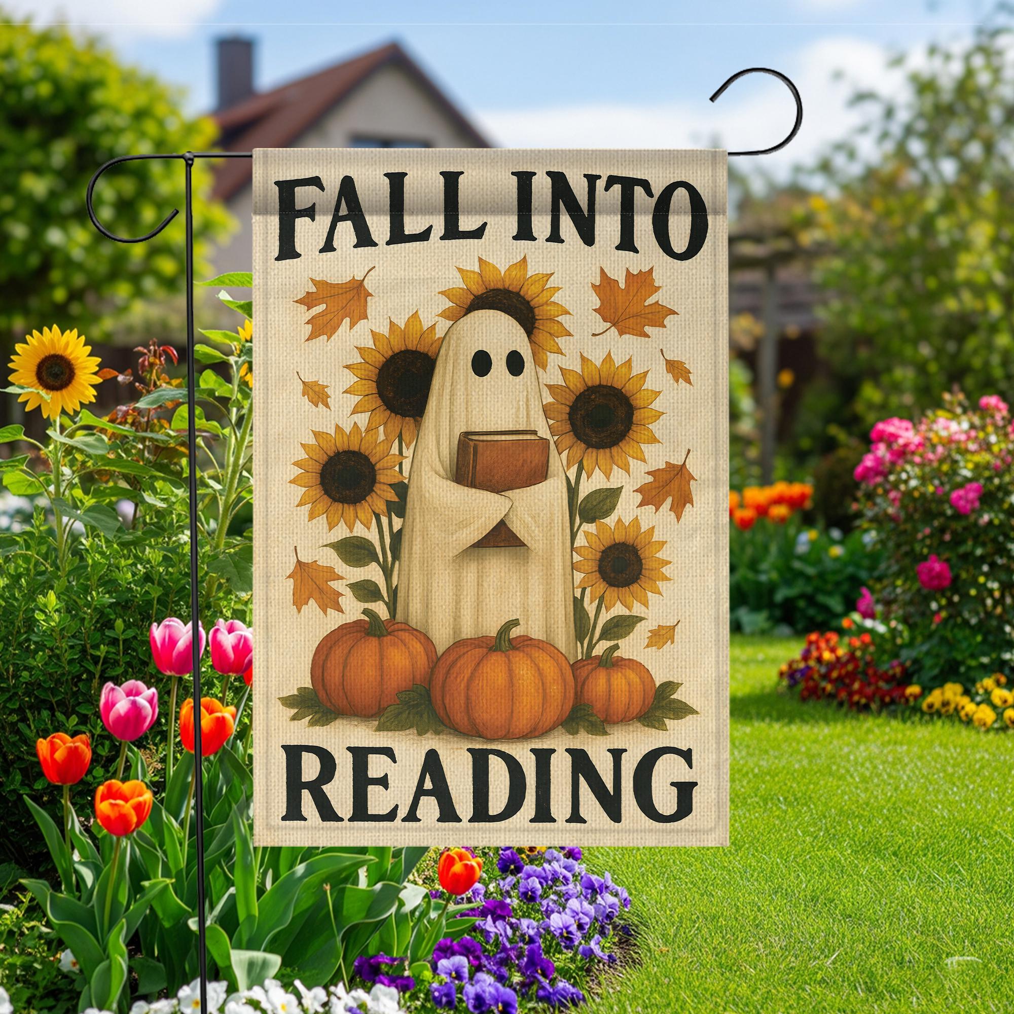 Fall Into Reading Garden Flag, Cute Ghost with Book Decor, Autumn Halloween Flag, Book Lover Gift for Teacher Librarian, Whimsical Porch Art
