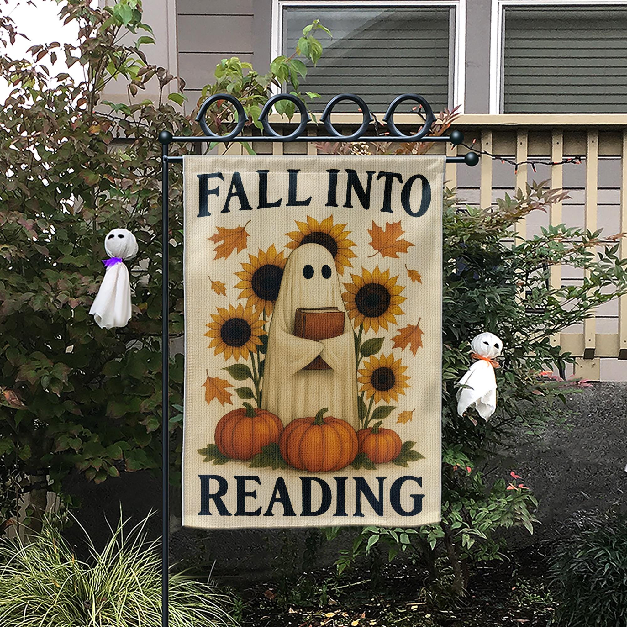 Fall Into Reading Garden Flag, Cute Ghost with Book Decor, Autumn Halloween Flag, Book Lover Gift for Teacher Librarian, Whimsical Porch Art