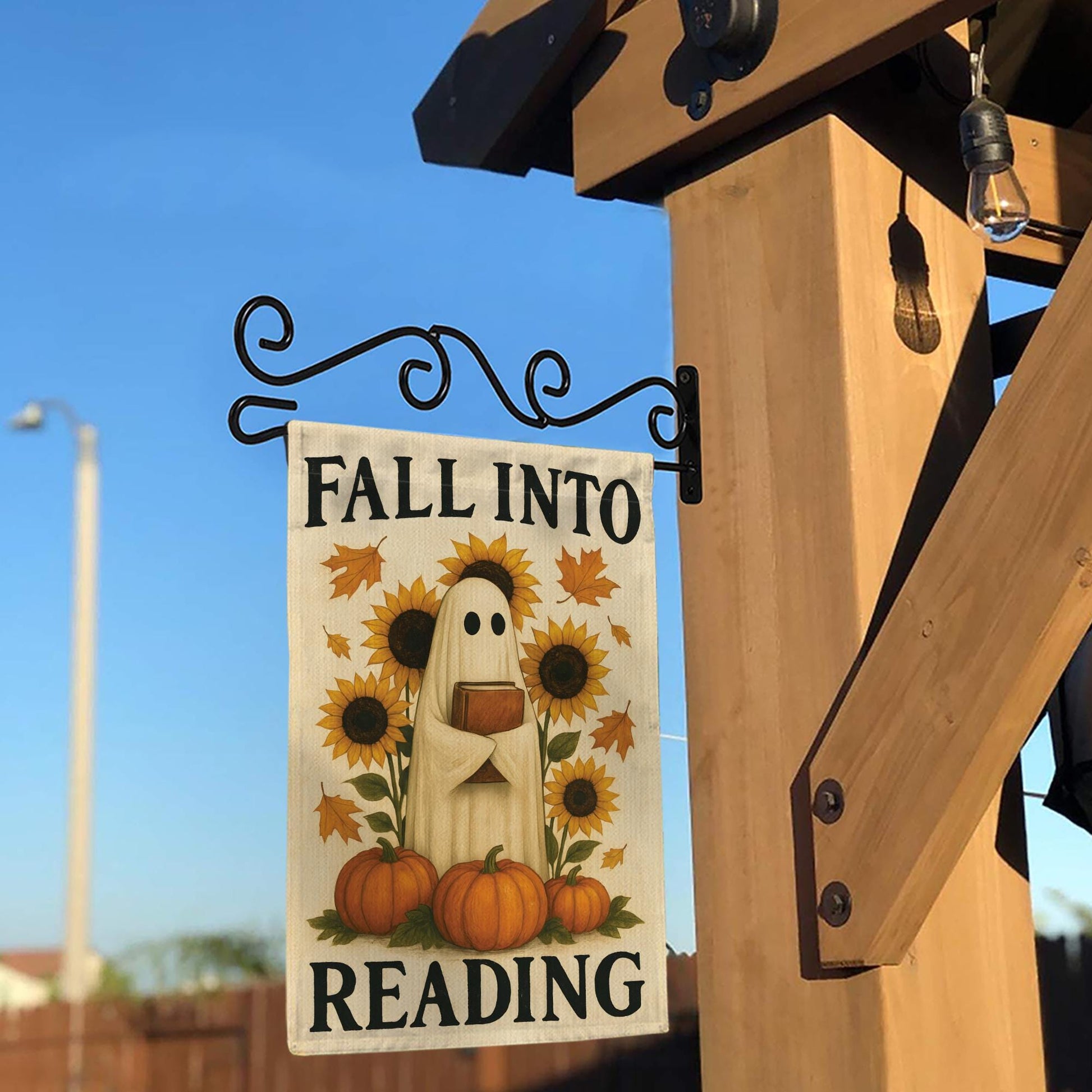 Fall Into Reading Garden Flag, Cute Ghost with Book Decor, Autumn Halloween Flag, Book Lover Gift for Teacher Librarian, Whimsical Porch Art