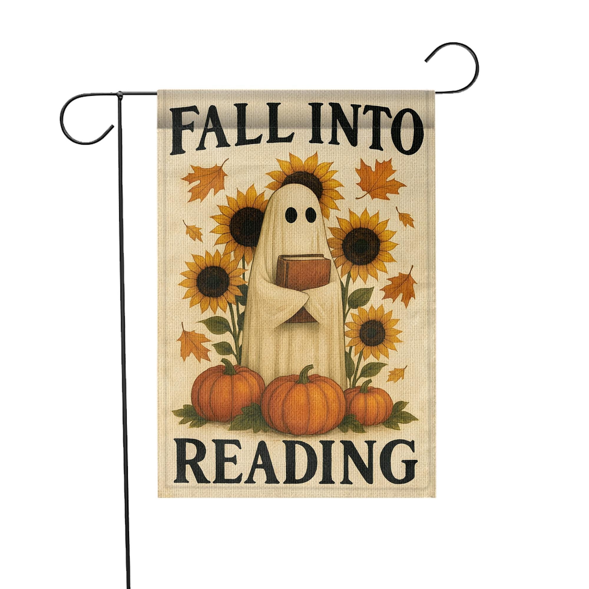 Fall Into Reading Garden Flag, Cute Ghost with Book Decor, Autumn Halloween Flag, Book Lover Gift for Teacher Librarian, Whimsical Porch Art