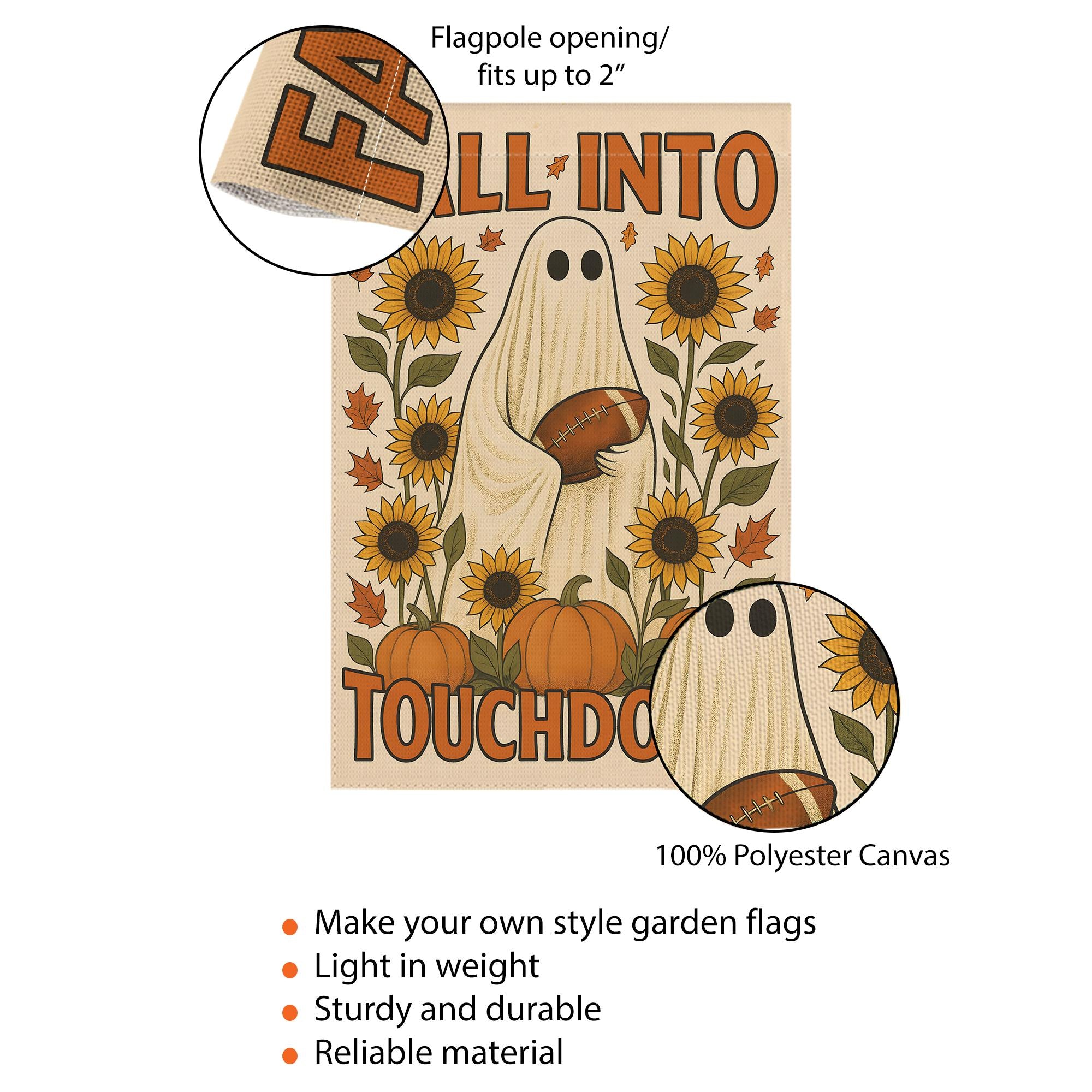 Cute Ghost Football Garden Flag, Fall Into Touchdown Yard Decor, Rustic Autumn Halloween Flag, Pumpkin Sunflower Porch Sign