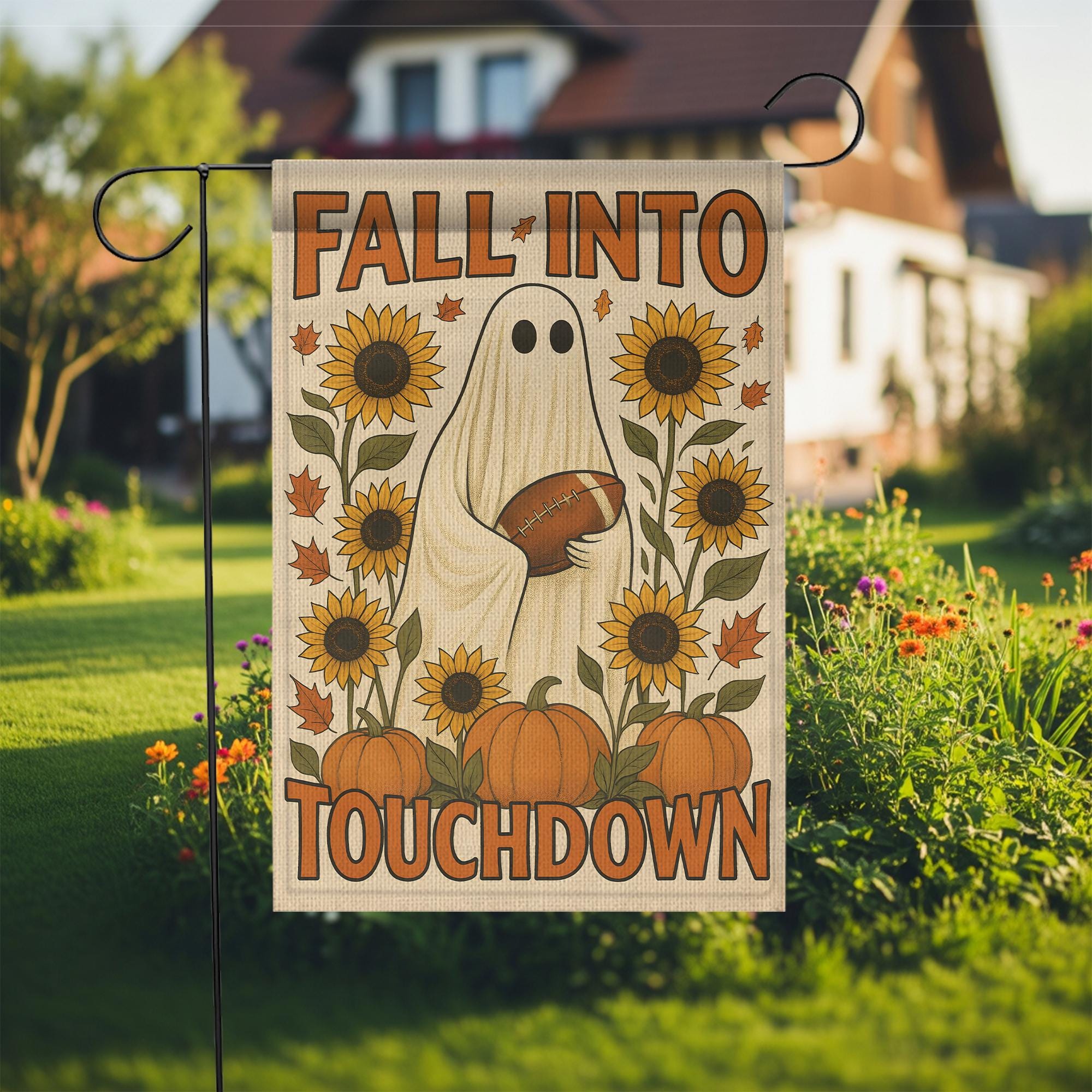 Cute Ghost Football Garden Flag, Fall Into Touchdown Yard Decor, Rustic Autumn Halloween Flag, Pumpkin Sunflower Porch Sign