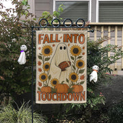 Cute Ghost Football Garden Flag, Fall Into Touchdown Yard Decor, Rustic Autumn Halloween Flag, Pumpkin Sunflower Porch Sign