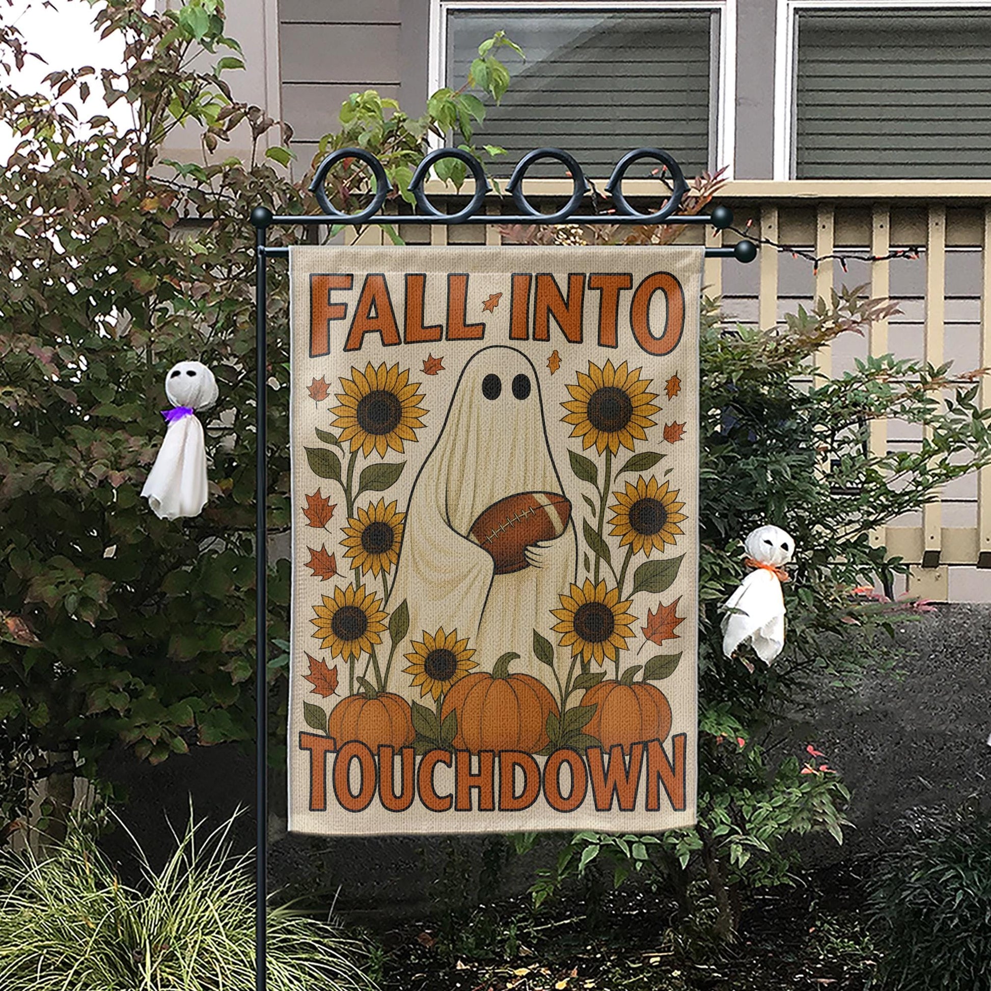 Cute Ghost Football Garden Flag, Fall Into Touchdown Yard Decor, Rustic Autumn Halloween Flag, Pumpkin Sunflower Porch Sign