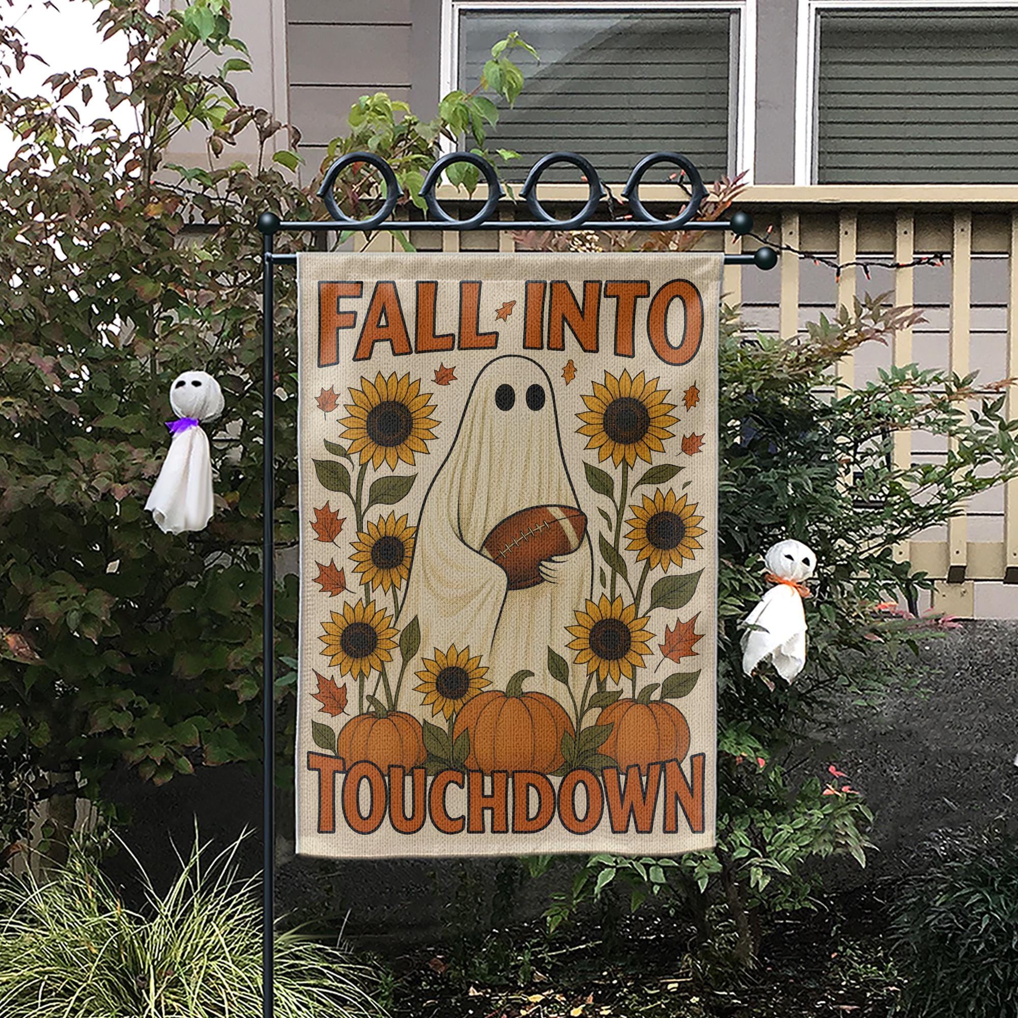 Cute Ghost Football Garden Flag, Fall Into Touchdown Yard Decor, Rustic Autumn Halloween Flag, Pumpkin Sunflower Porch Sign